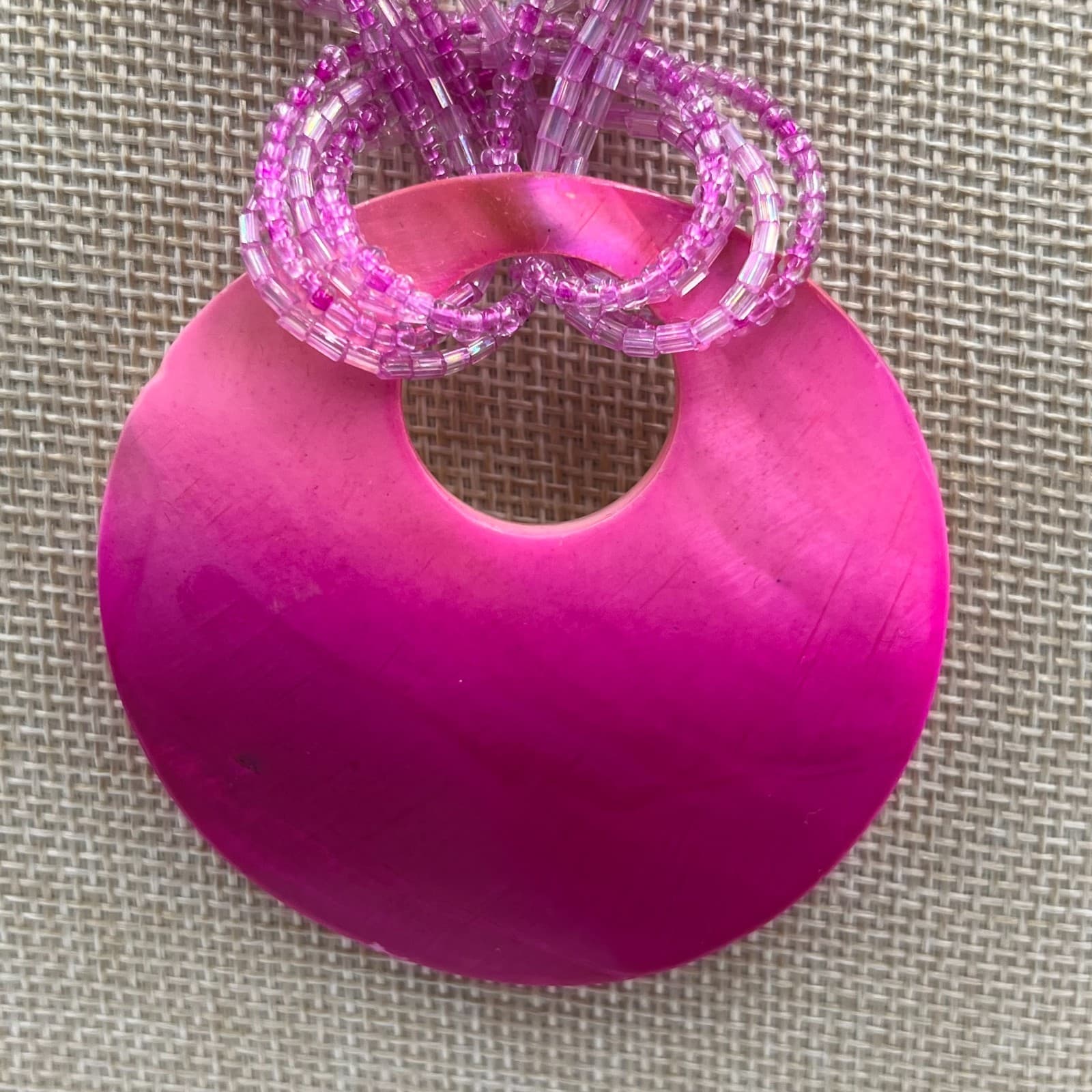 Vintage Pink Mother of Pearl Shell Pendant Necklace Multi Strand Seed Bead Boho - Thumbnail 3