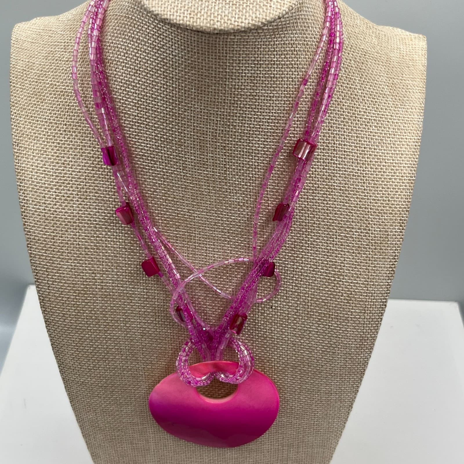 Vintage Pink Mother of Pearl Shell Pendant Necklace Multi Strand Seed Bead Boho - Thumbnail 5