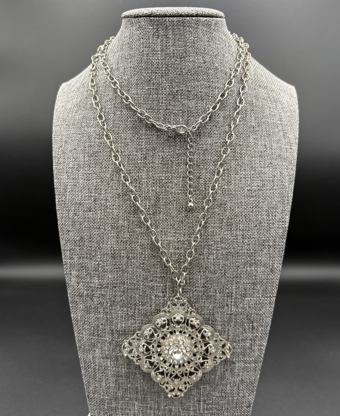 Vintage Silver Tone Medallion Necklace Clear Rhinestones Filigree Chain - Thumbnail 2