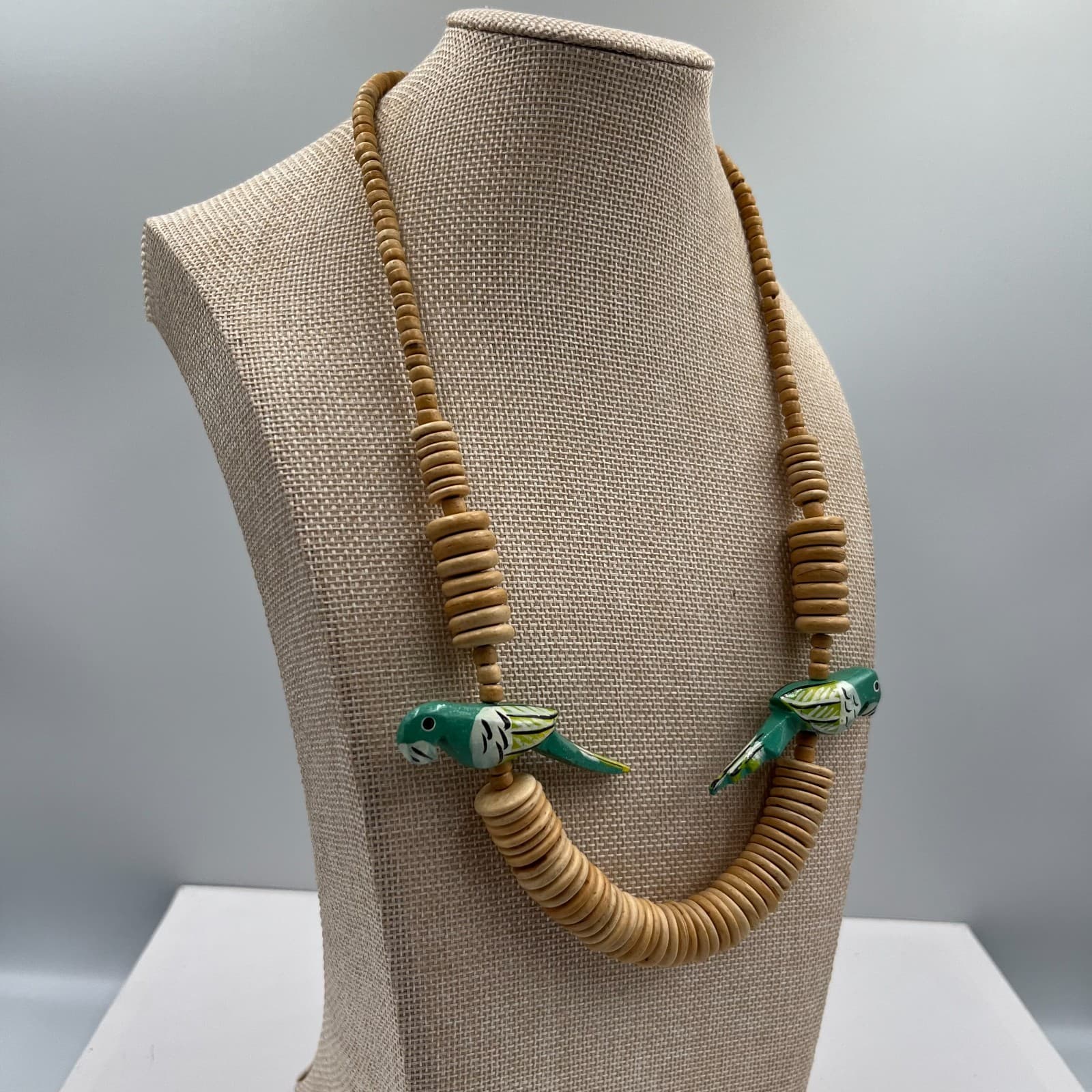 Vintage 80s Wooden Parrot Necklace Hand Painted Carved Wood Beaded Tropical Boho - Thumbnail 4