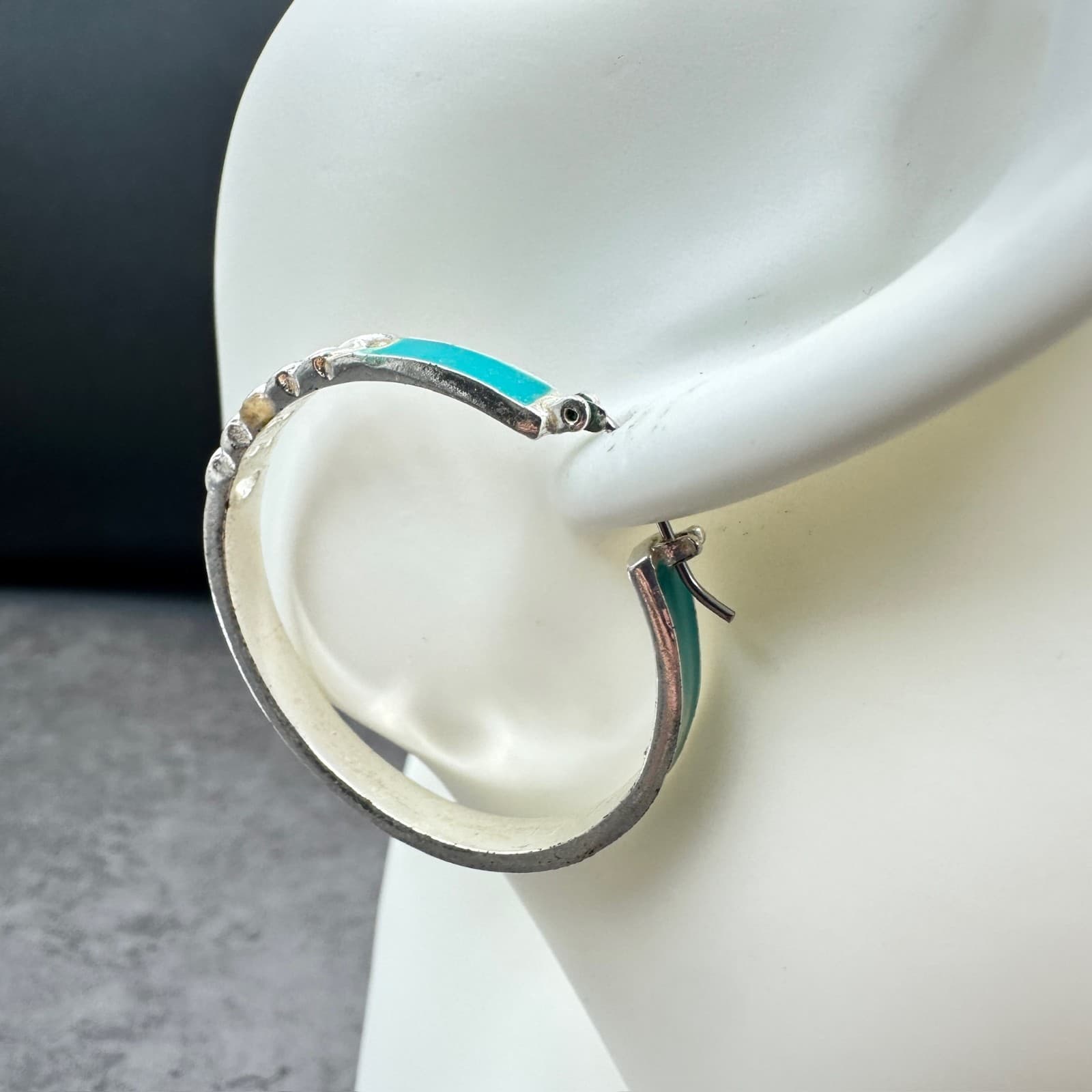 Silver Hoop Earrings w/ Teal Enamel & Chain Detail – Modern Bold Statement - Thumbnail 8