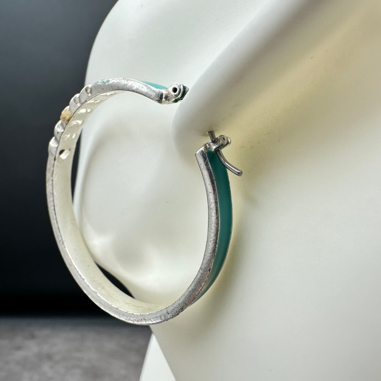 Silver Hoop Earrings w/ Teal Enamel & Chain Detail – Modern Bold Statement - Thumbnail 9
