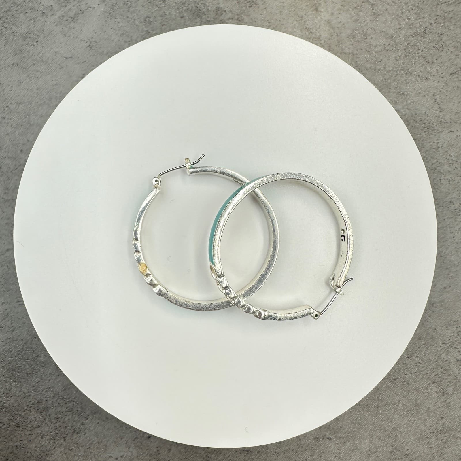 Silver Hoop Earrings w/ Teal Enamel & Chain Detail – Modern Bold Statement - Thumbnail 3