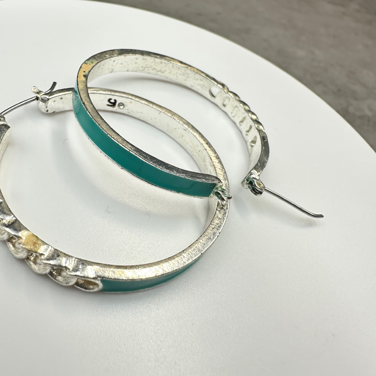Silver Hoop Earrings w/ Teal Enamel & Chain Detail – Modern Bold Statement - Thumbnail 5