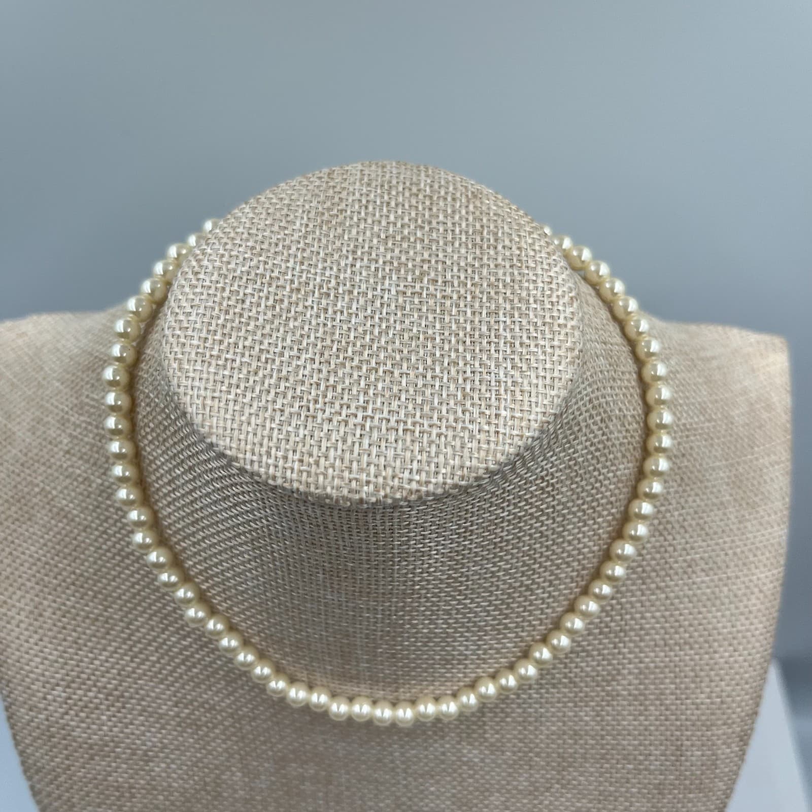 Vtg Triple Strand White Faux Pearl Necklace Ornate Silver Flower Clasp Statement - Thumbnail 2