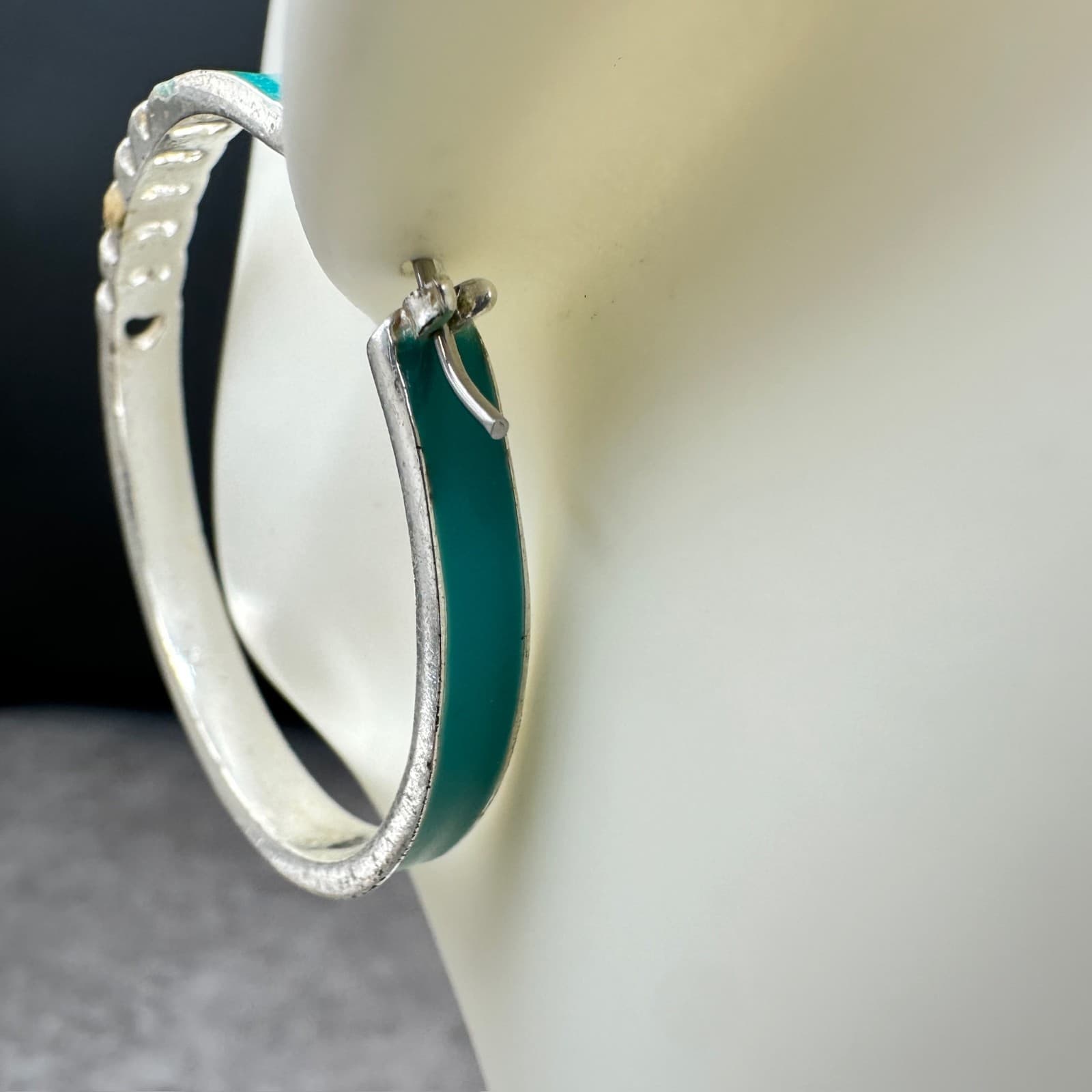 Silver Hoop Earrings w/ Teal Enamel & Chain Detail – Modern Bold Statement - Thumbnail 10