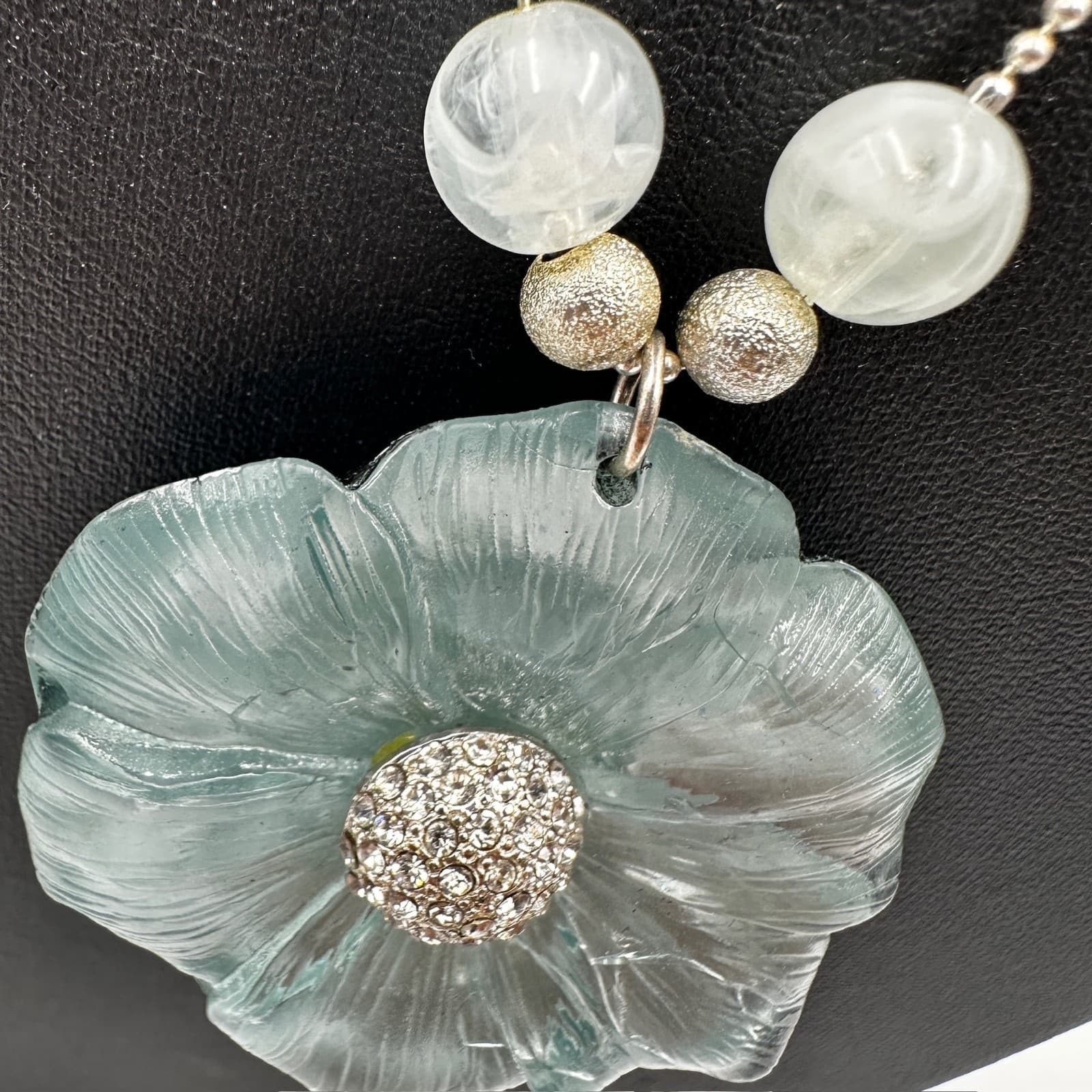 Vintage Flower Pendant Necklace Blue Glass Pave Silver - Thumbnail 4