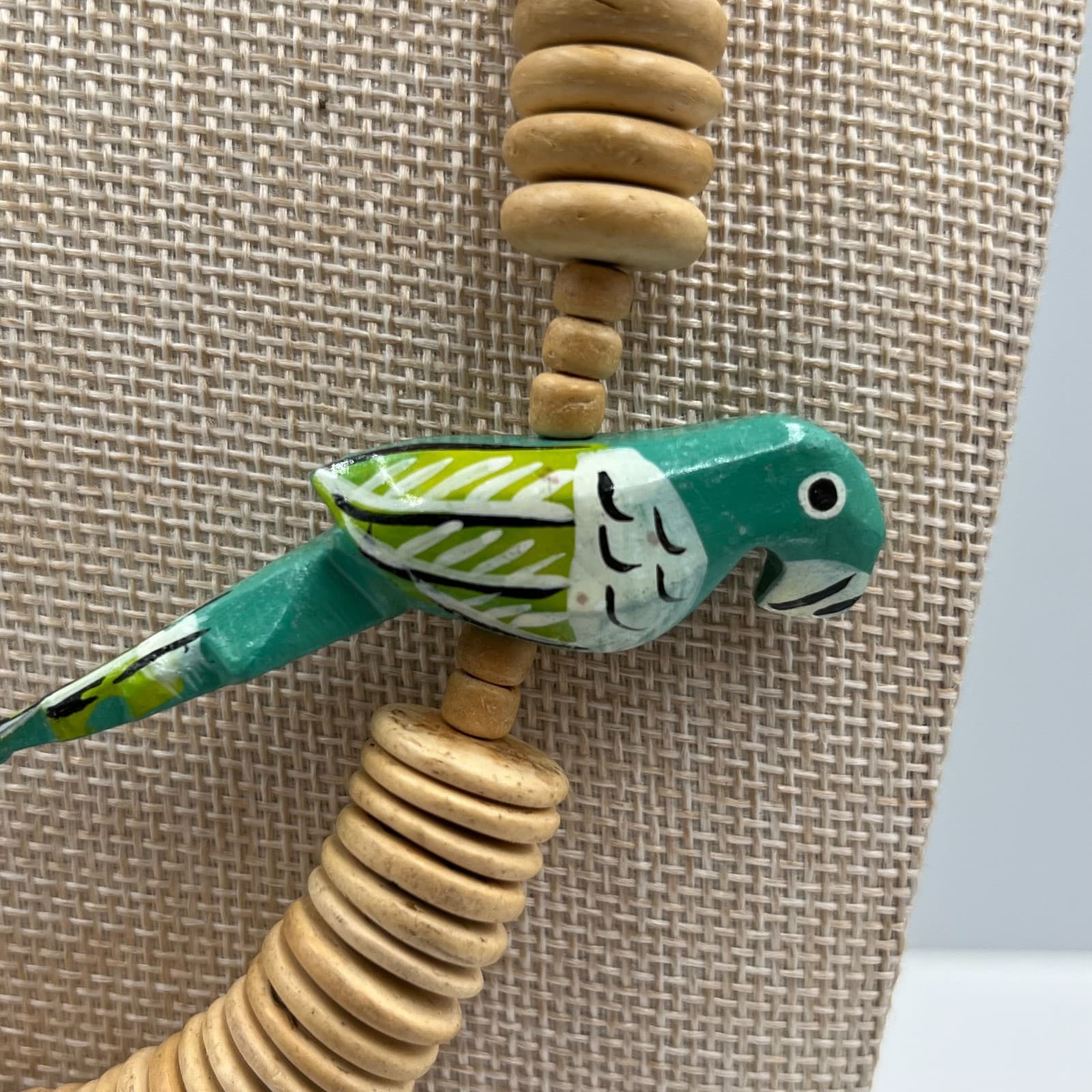 Vintage 80s Wooden Parrot Necklace Hand Painted Carved Wood Beaded Tropical Boho - Thumbnail 5