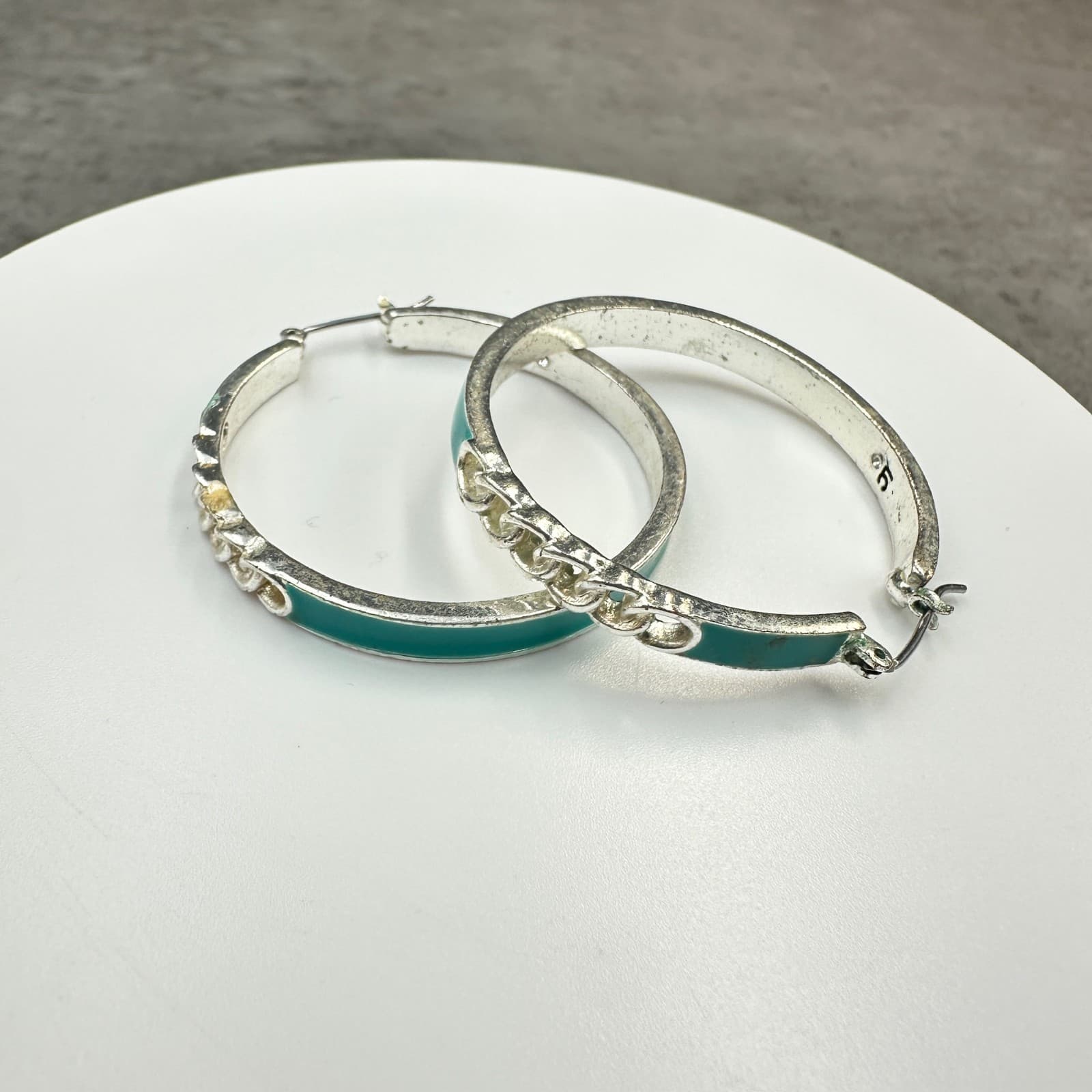 Silver Hoop Earrings w/ Teal Enamel & Chain Detail – Modern Bold Statement - Thumbnail 4
