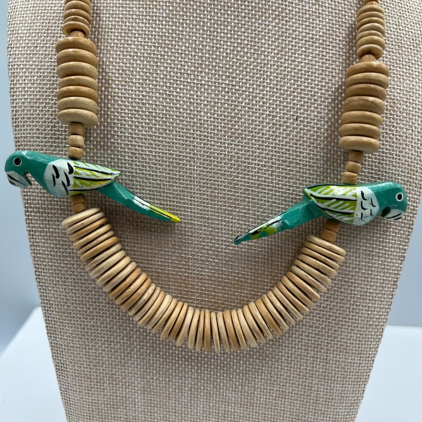 Vintage 80s Wooden Parrot Necklace Hand Painted Carved Wood Beaded Tropical Boho - Thumbnail 3