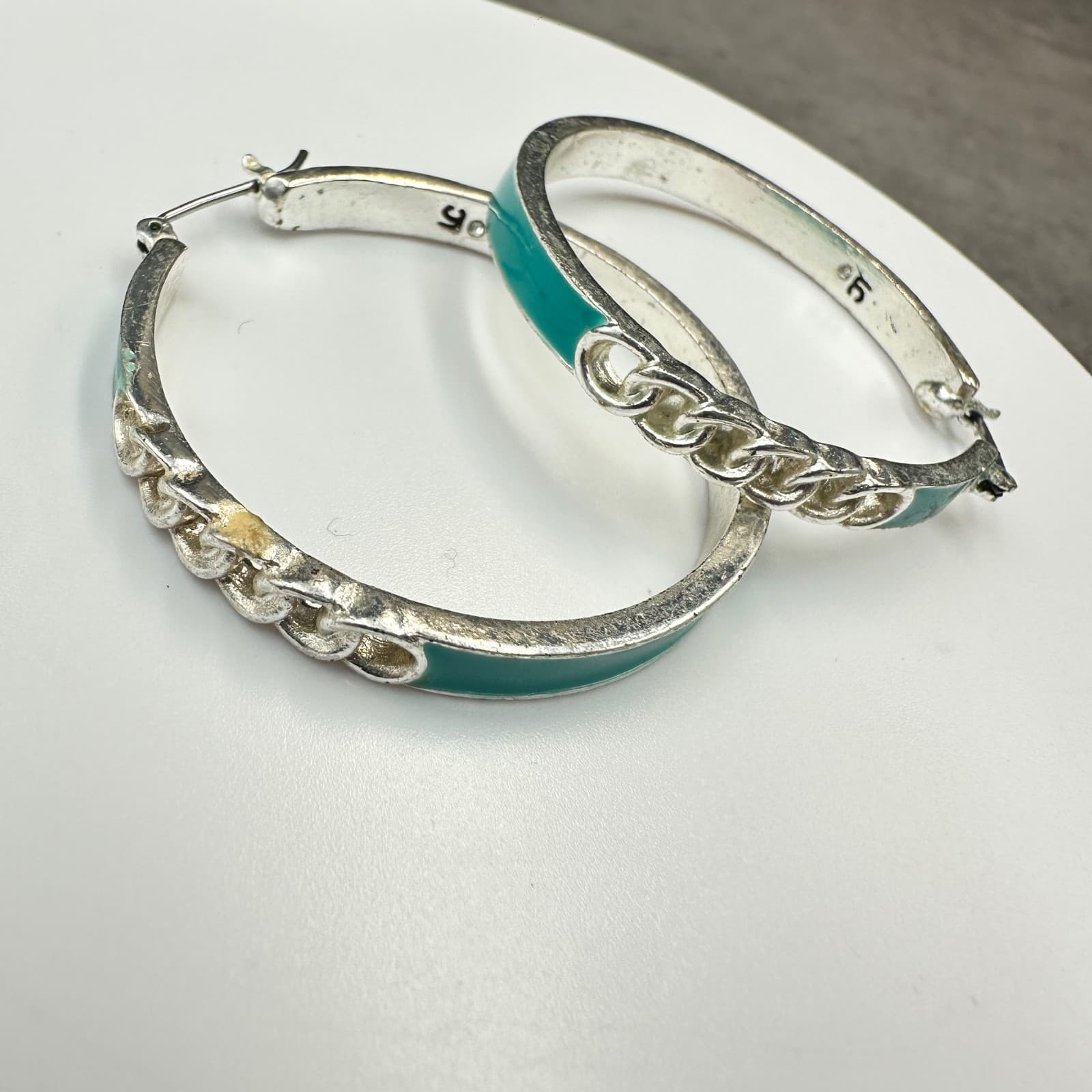 Silver Hoop Earrings w/ Teal Enamel & Chain Detail – Modern Bold Statement - Thumbnail 2