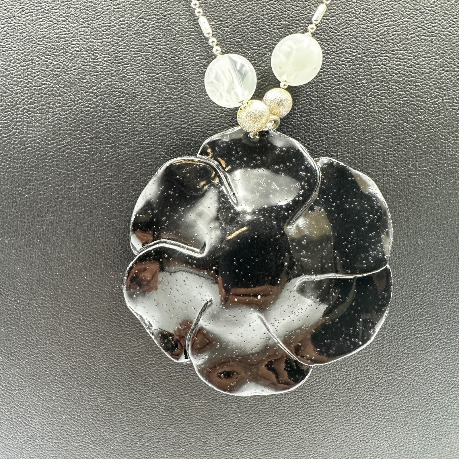 Vintage Flower Pendant Necklace Blue Glass Pave Silver - Thumbnail 3