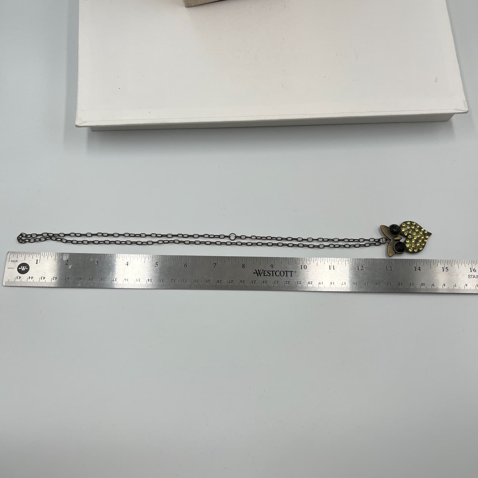 Vintage Owl Heart Pendant Necklace Amber Yellow Rhinestone Brass Tone Retro Boho - Thumbnail 7