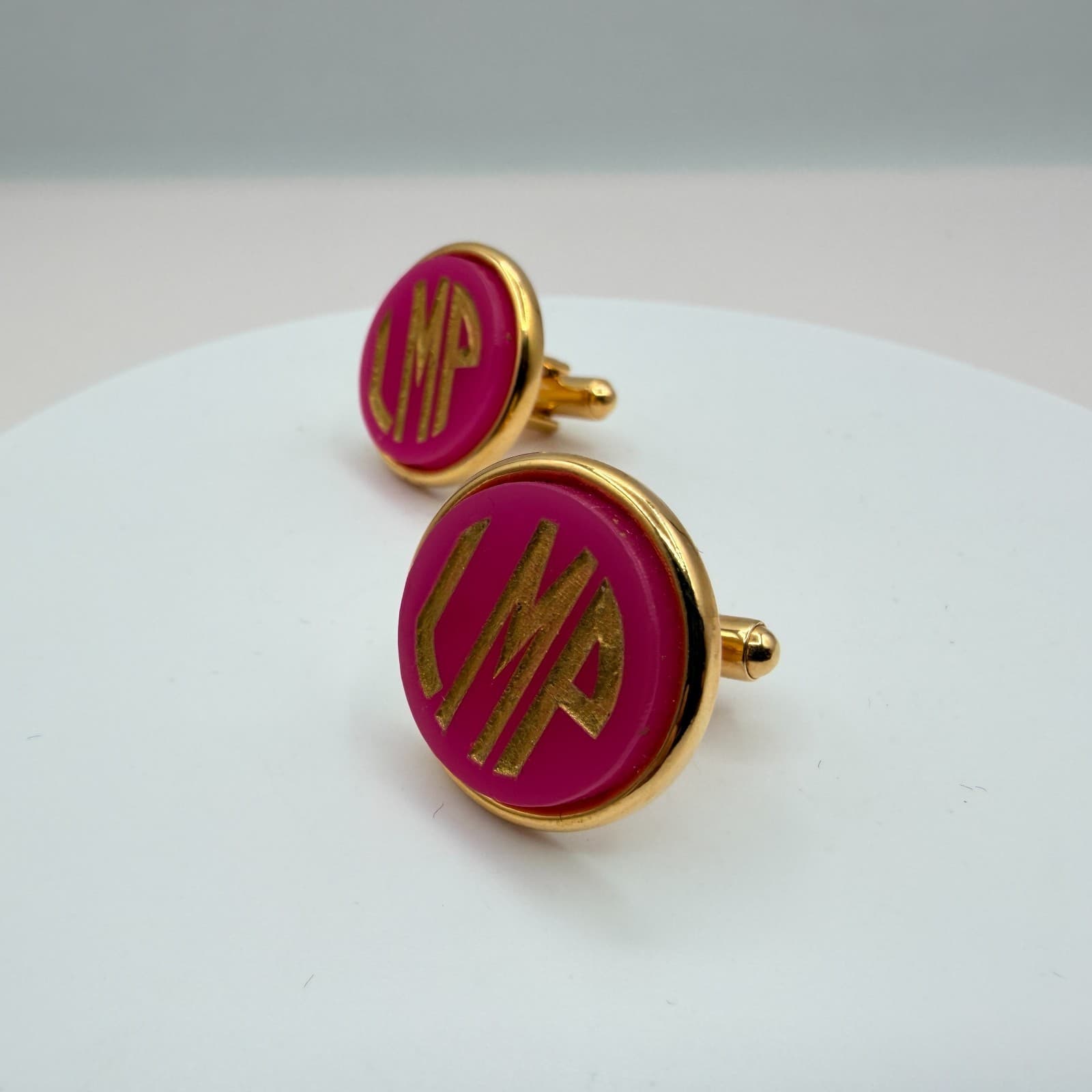 Vintage Y2K Gold Tone Pink Enamel Monogram Cufflinks LMP Initial Men's Jewelry - Thumbnail 2