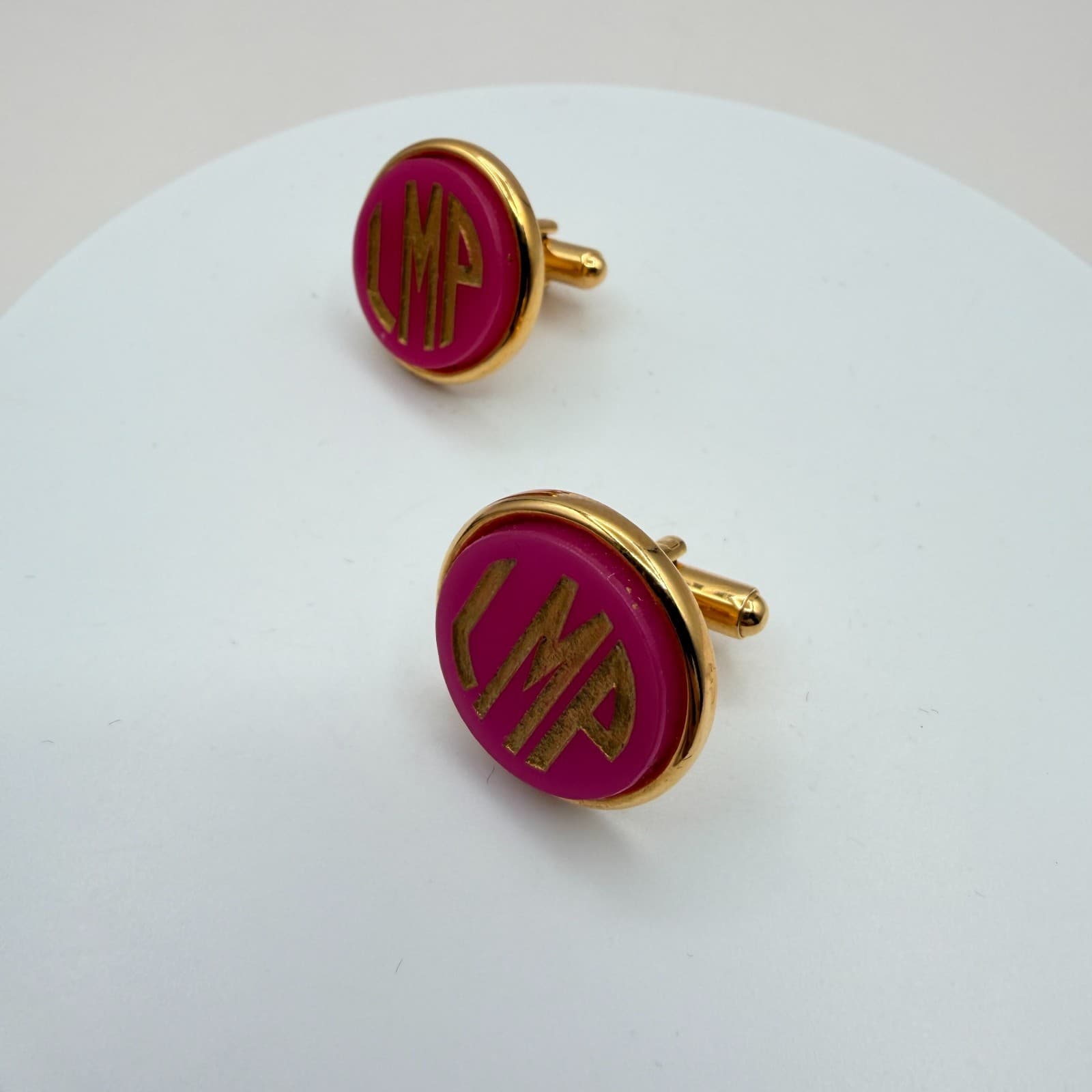 Vintage Y2K Gold Tone Pink Enamel Monogram Cufflinks LMP Initial Men's Jewelry - Thumbnail 6