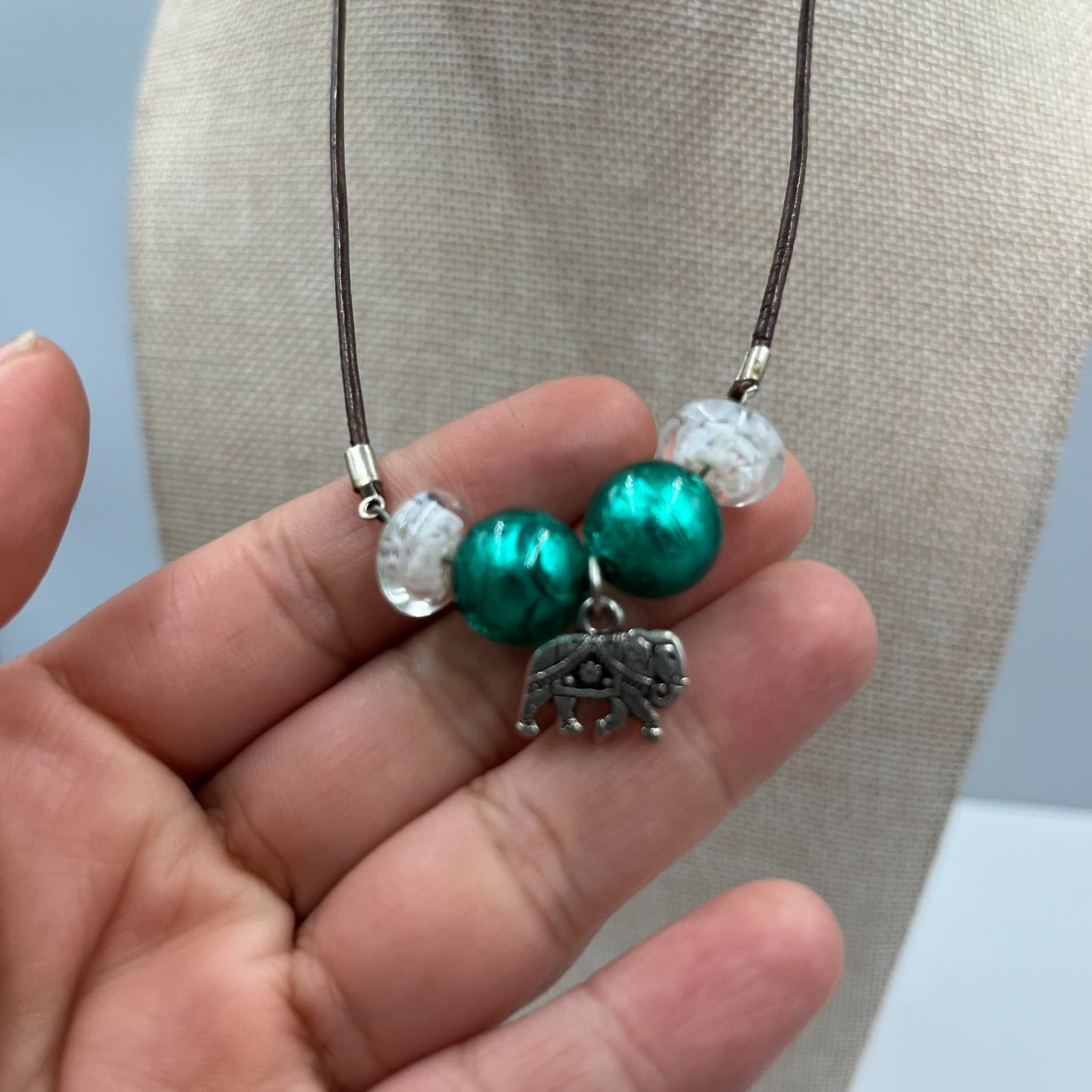 Vintage Boho Elephant Pendant Necklace Silver Tone Carved Animal Leather Cord - Thumbnail 3