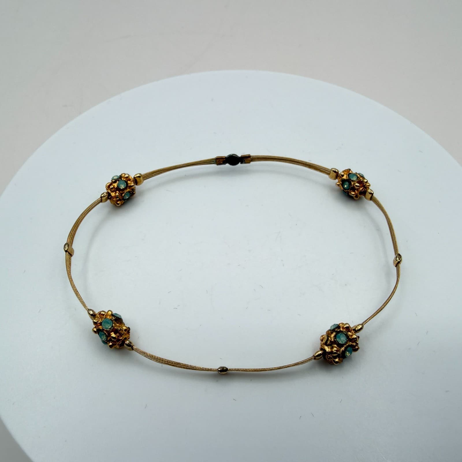 Vintage 80s Turquoise Opal Bracelet Gold Tone Flexible Wire Artisan Jewelry - Thumbnail 2