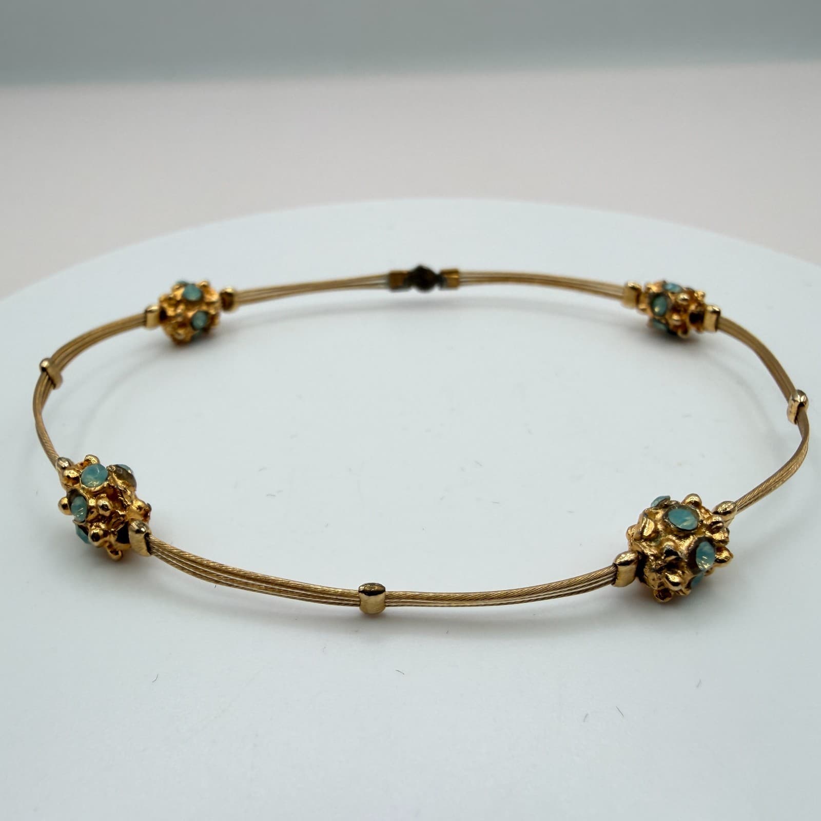 Vintage 80s Turquoise Opal Bracelet Gold Tone Flexible Wire Artisan Jewelry - Thumbnail 3