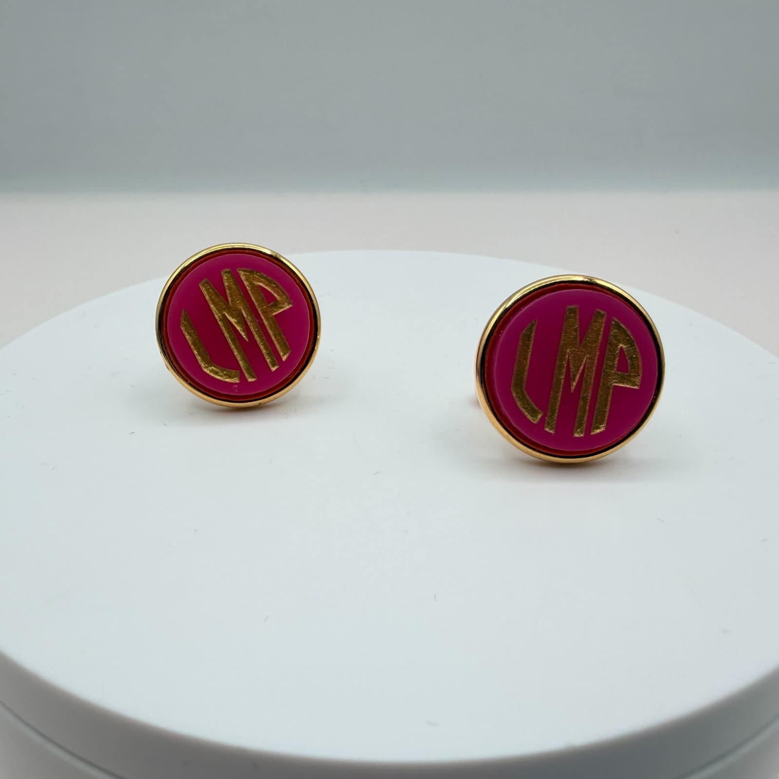 Vintage Y2K Gold Tone Pink Enamel Monogram Cufflinks LMP Initial Men's Jewelry - Image 1