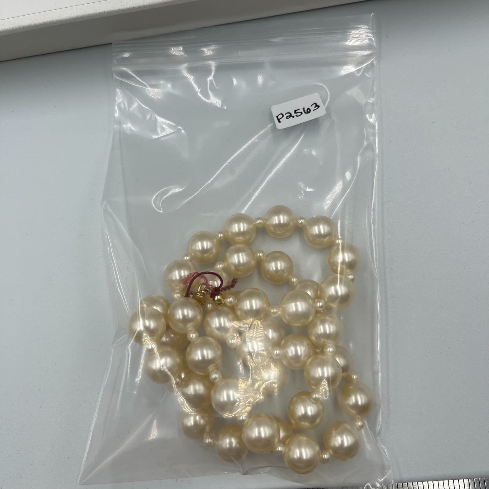 Vintage Faux Pearl Necklace Triple Strand Ornate Silver Tone Clasp Bridal 16" - Thumbnail 7