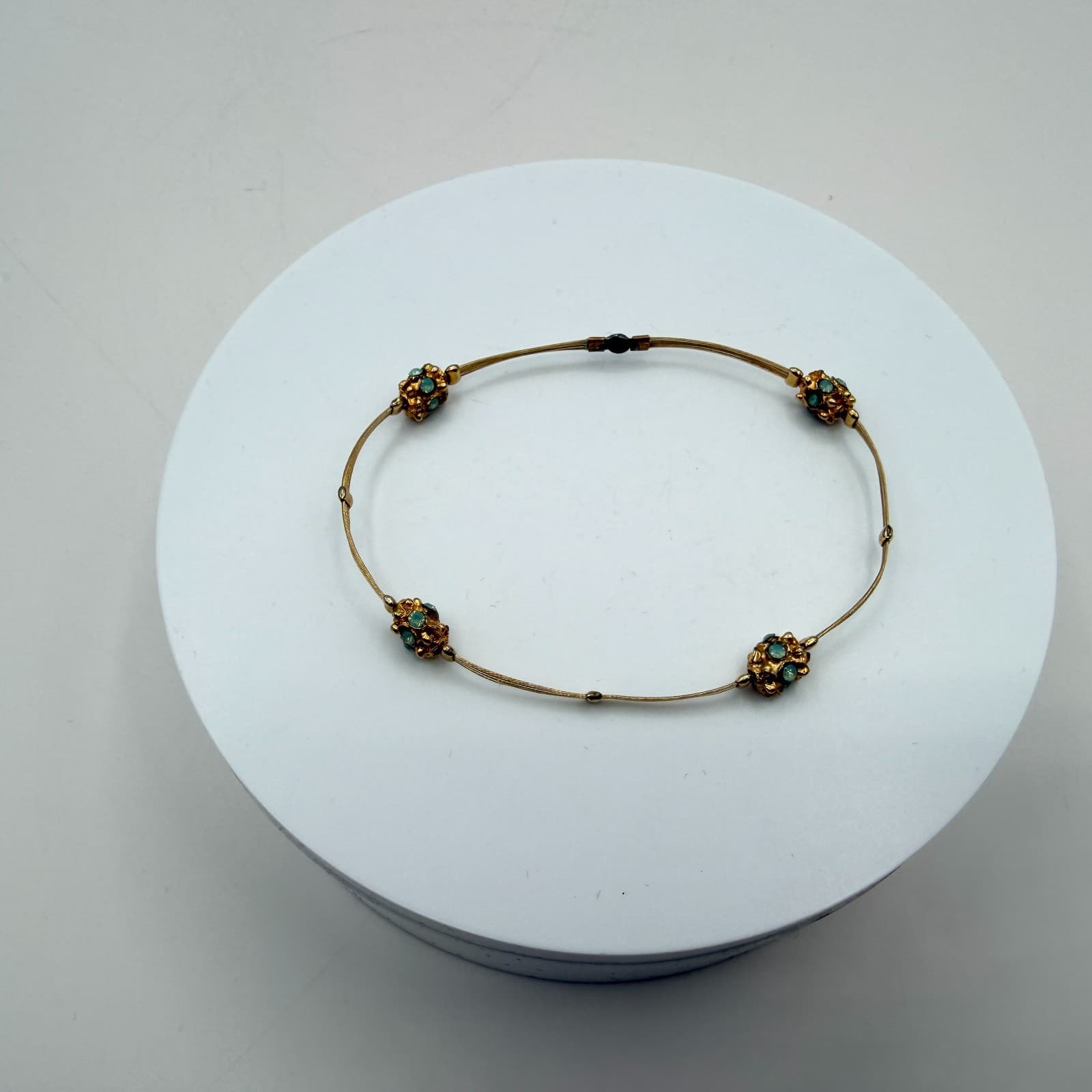 Vintage 80s Turquoise Opal Bracelet Gold Tone Flexible Wire Artisan Jewelry - Thumbnail 5