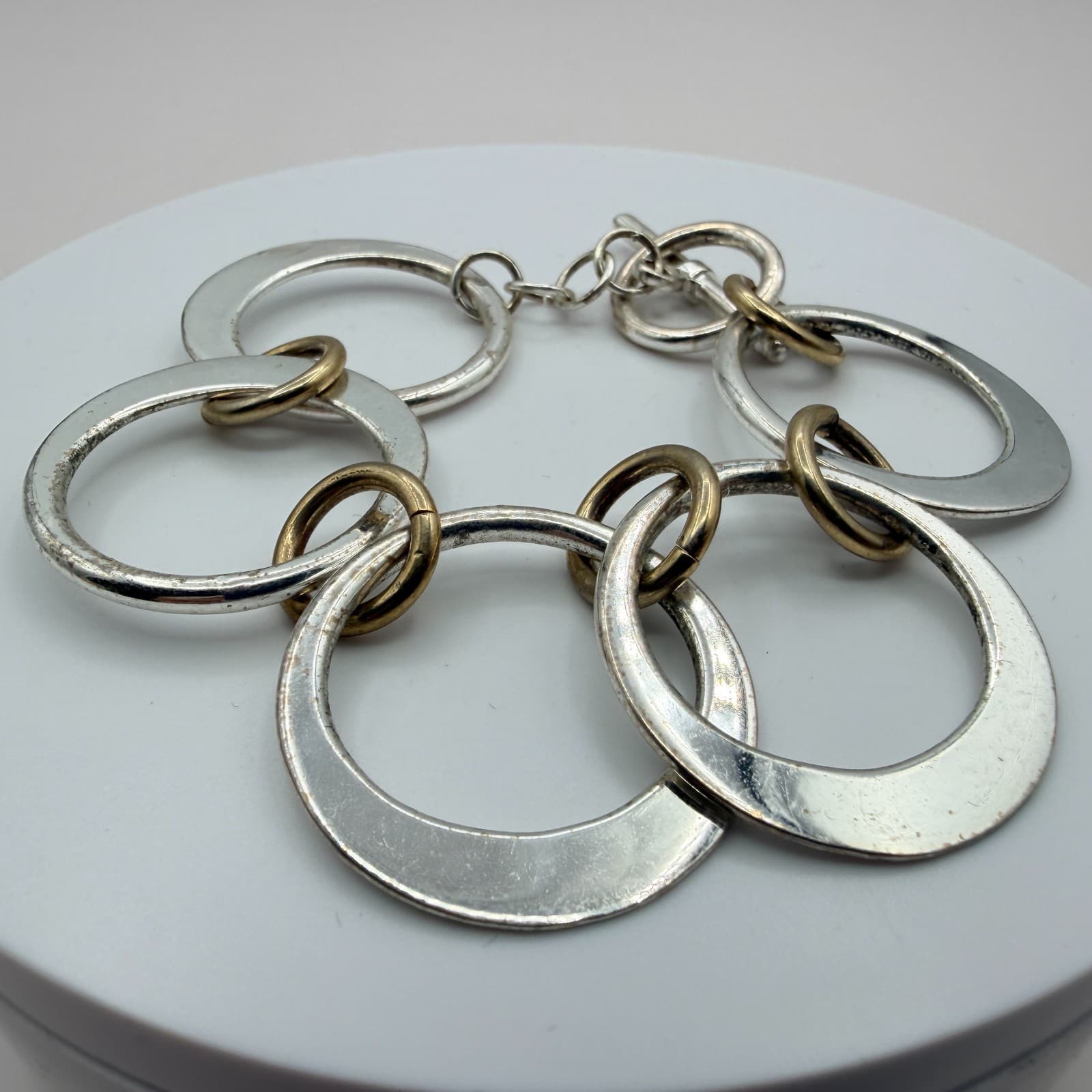 Vintage 80s Silver Tone Chunky Circle Link Bracelet Toggle Clasp Classic Jewelry - Thumbnail 2