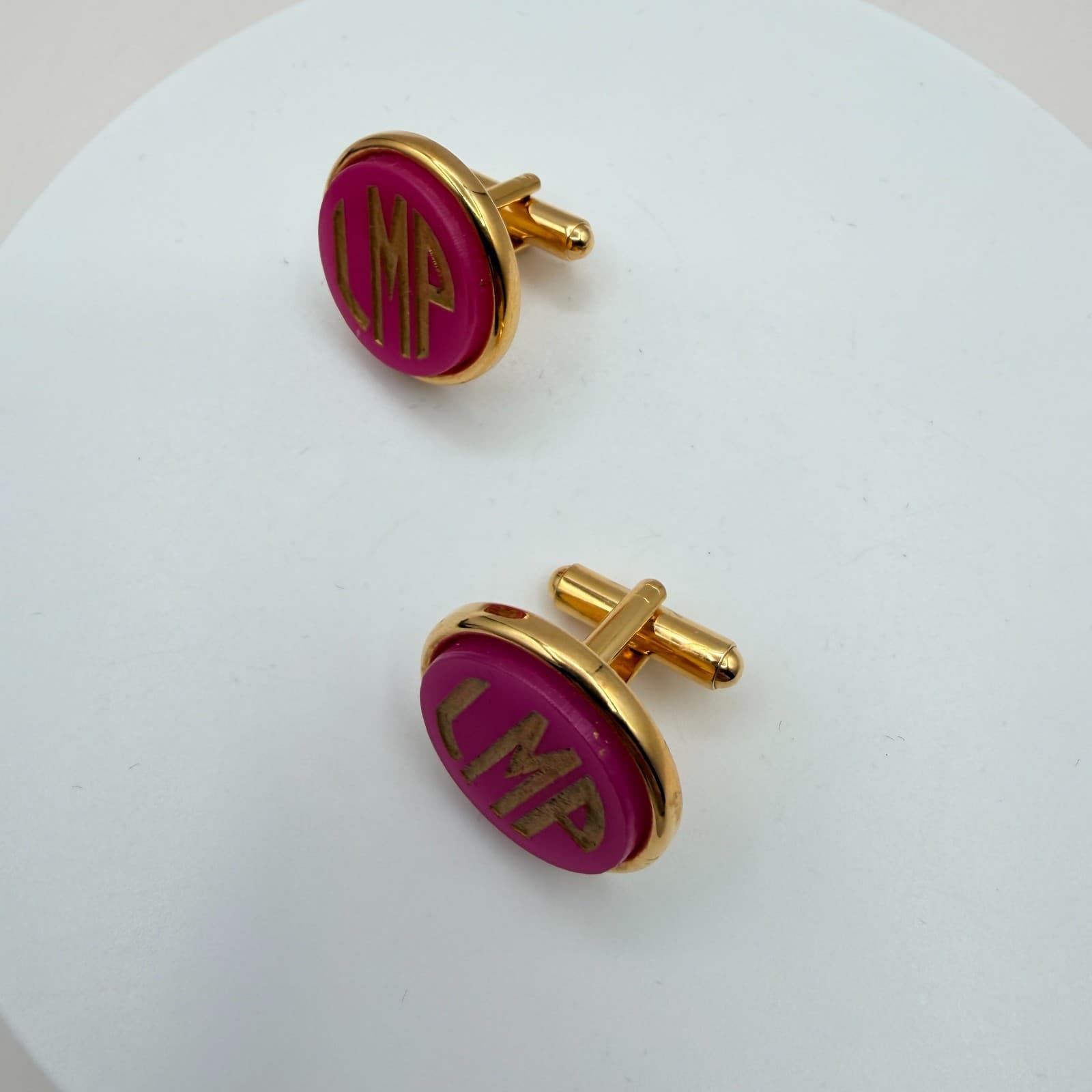 Vintage Y2K Gold Tone Pink Enamel Monogram Cufflinks LMP Initial Men's Jewelry - Thumbnail 5