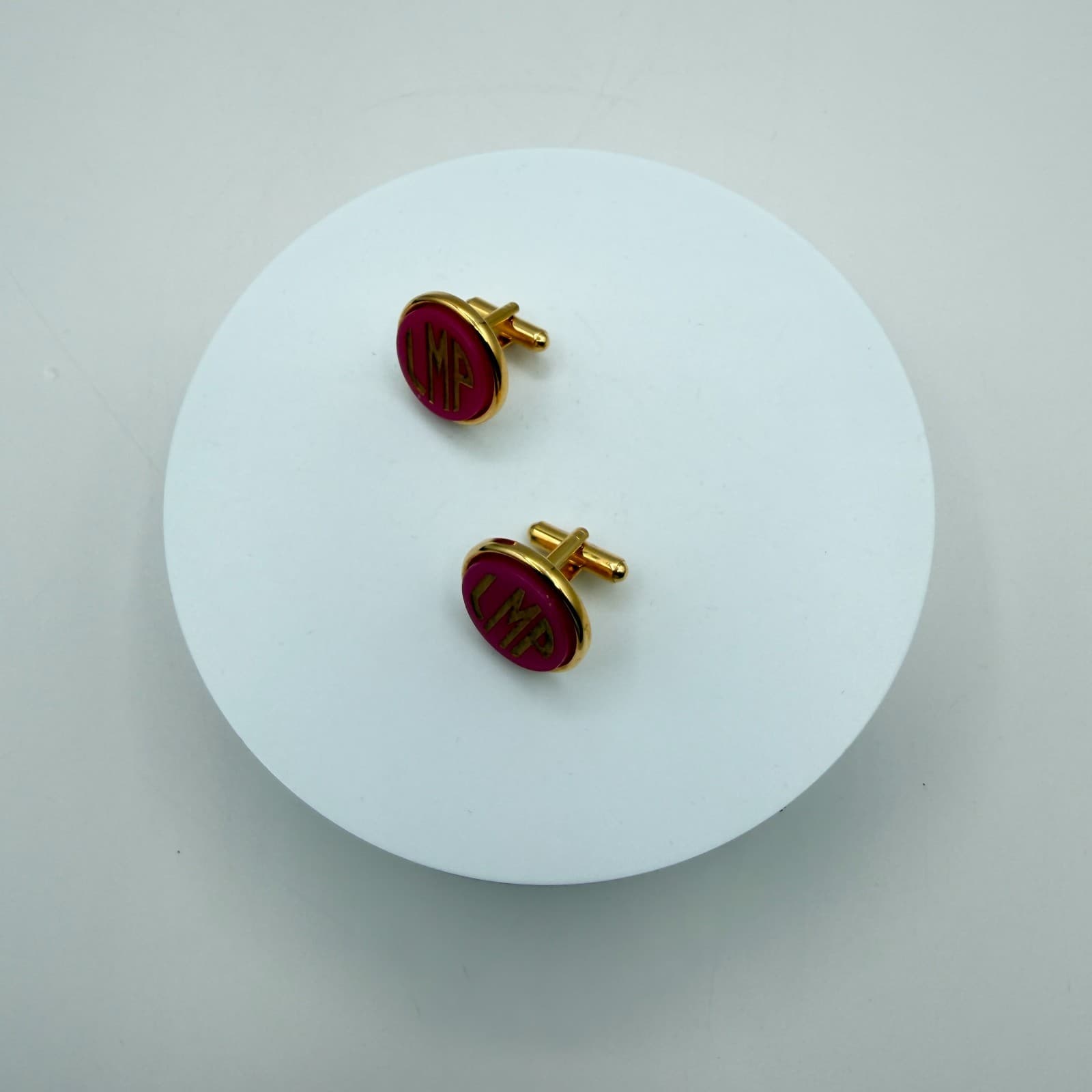 Vintage Y2K Gold Tone Pink Enamel Monogram Cufflinks LMP Initial Men's Jewelry - Thumbnail 4
