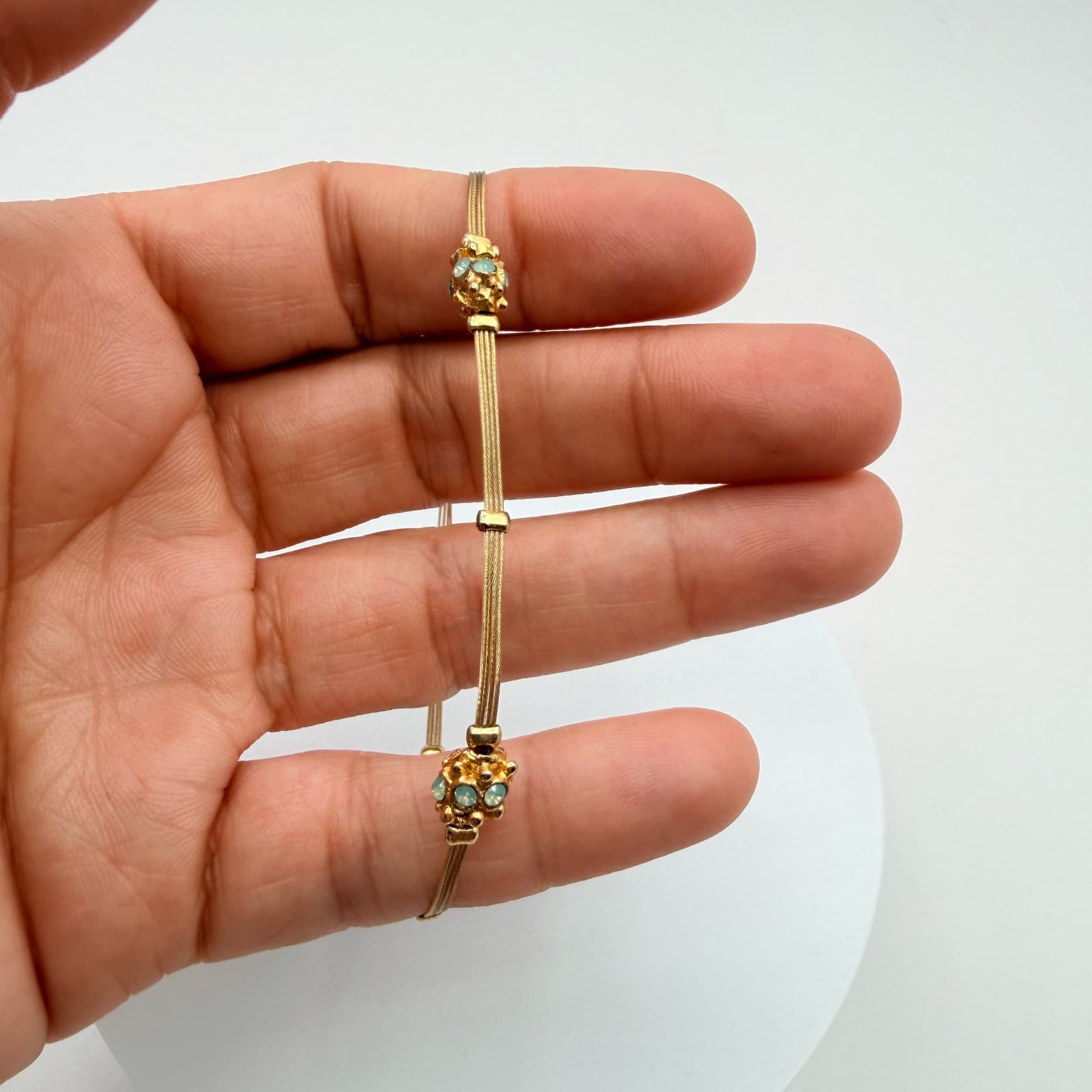 Vintage 80s Turquoise Opal Bracelet Gold Tone Flexible Wire Artisan Jewelry - Thumbnail 9