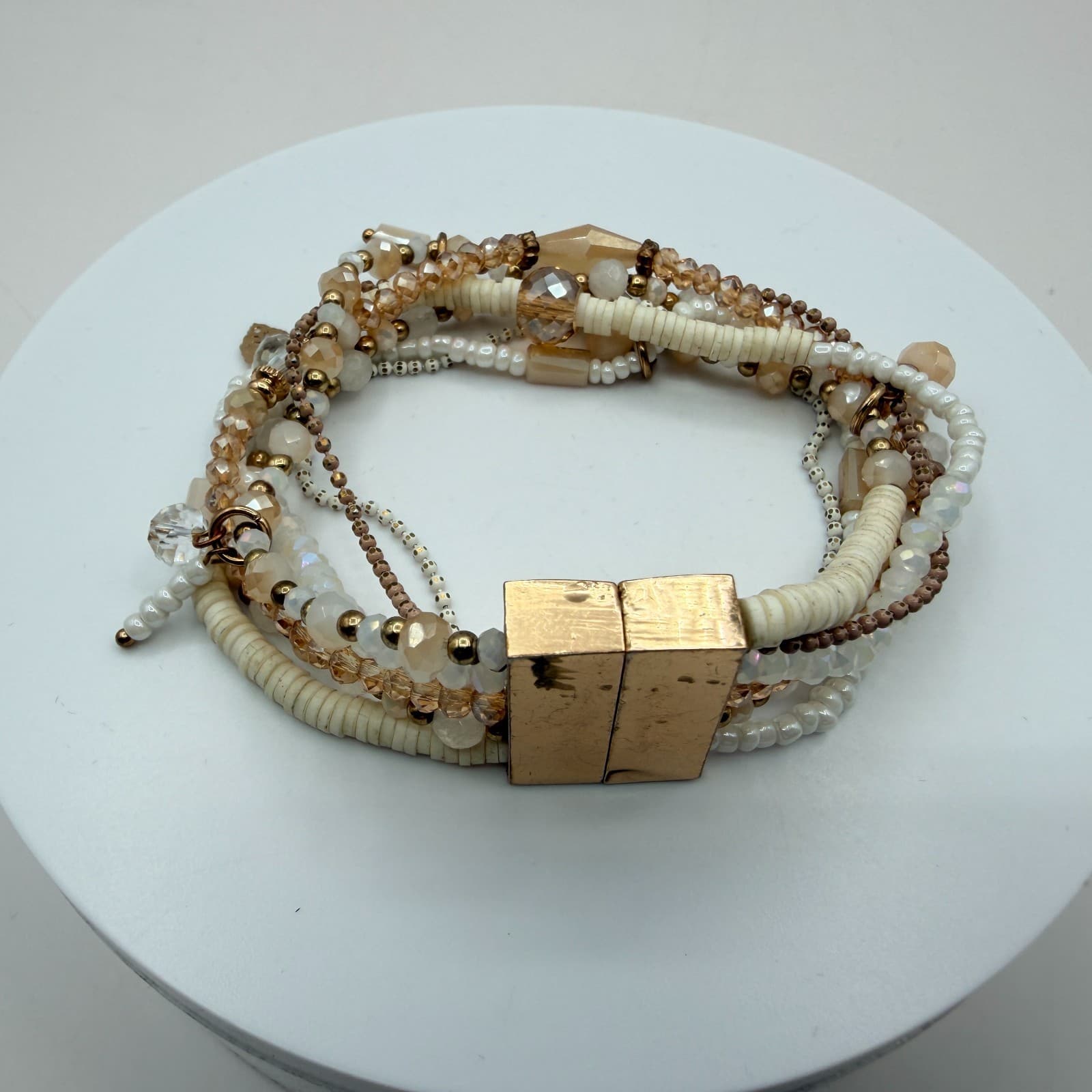 Vintage 80s Quartz & Mixed Beaded Stranded Bracelet Gold Magnetic Clasp Jewelry - Thumbnail 3