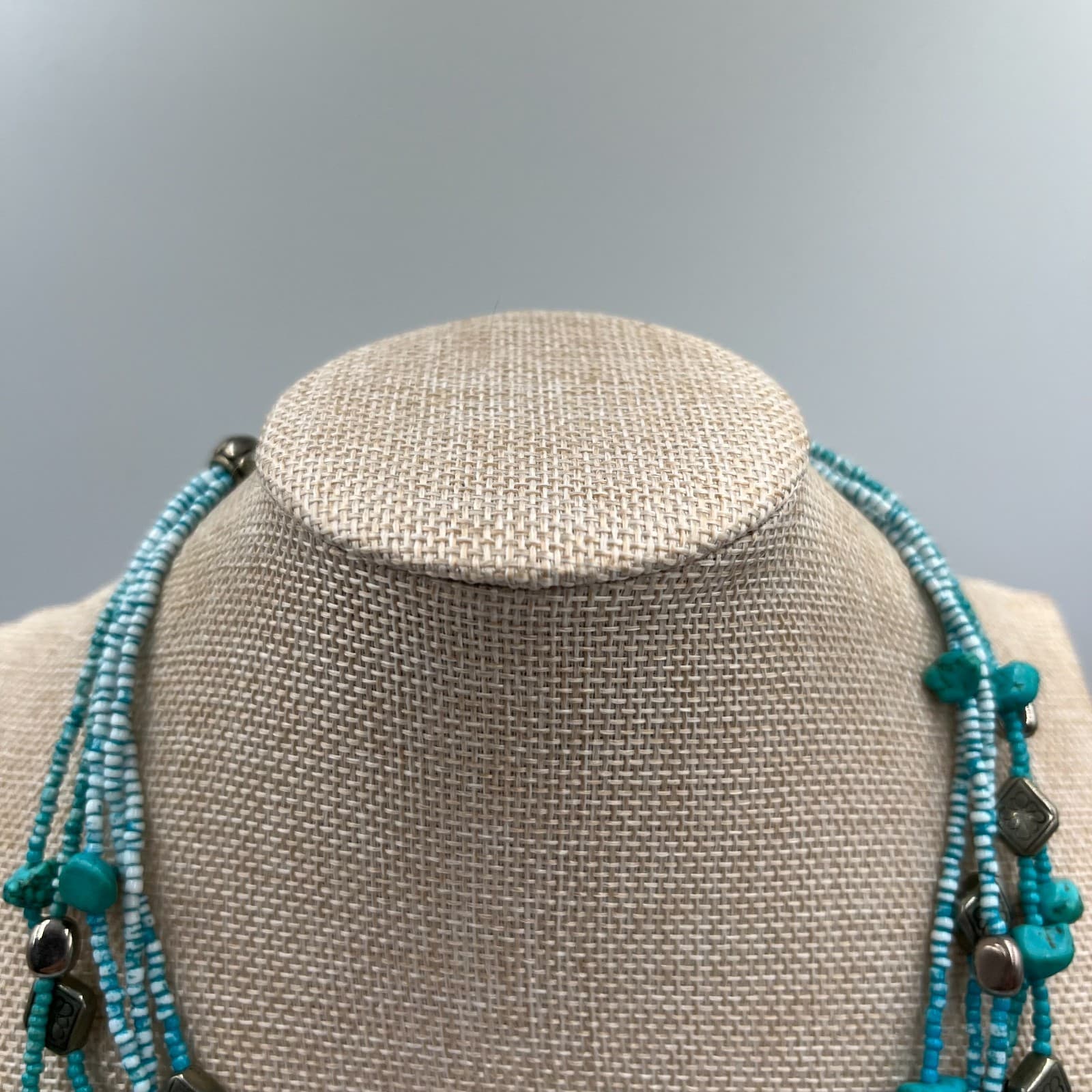 Vintage Turquoise Nugget Multi Strand Necklace Silver Tone Flower Beads Boho - Thumbnail 2