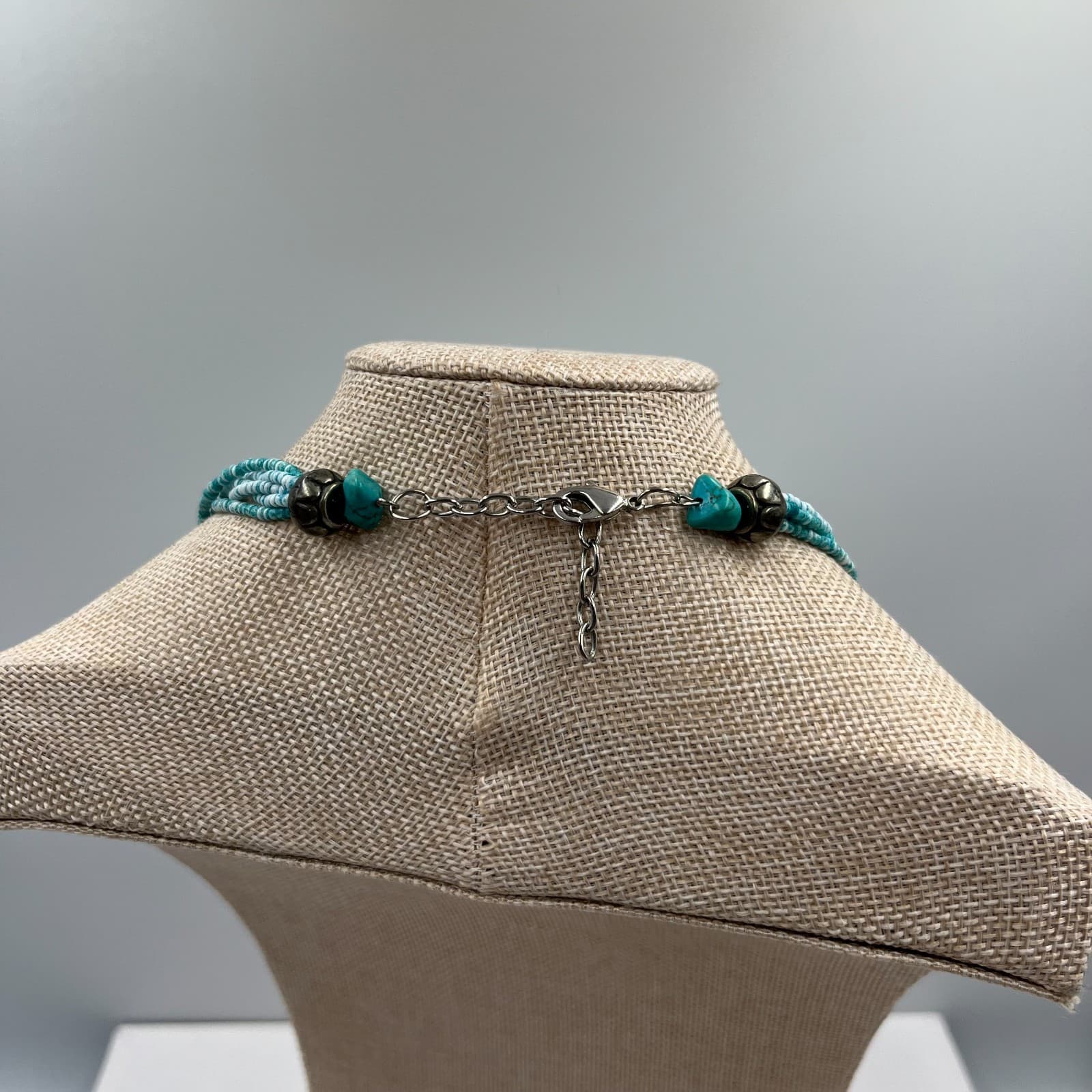 Vintage Turquoise Nugget Multi Strand Necklace Silver Tone Flower Beads Boho - Thumbnail 6