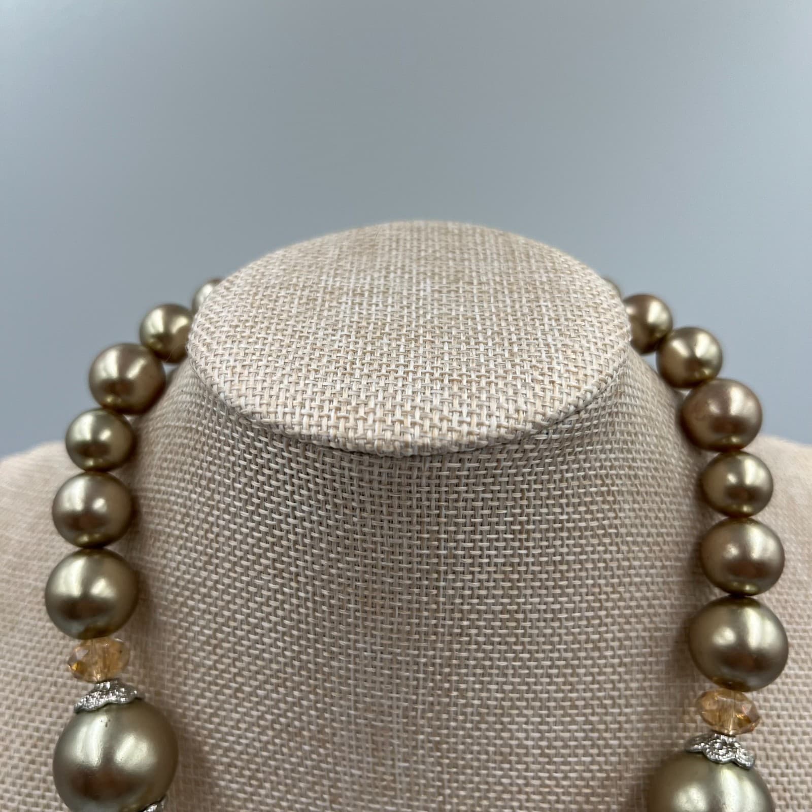 Vintage Faux Pearl & Crystal Statement Necklace Silver Tone Cluster Wedding Bib - Thumbnail 2