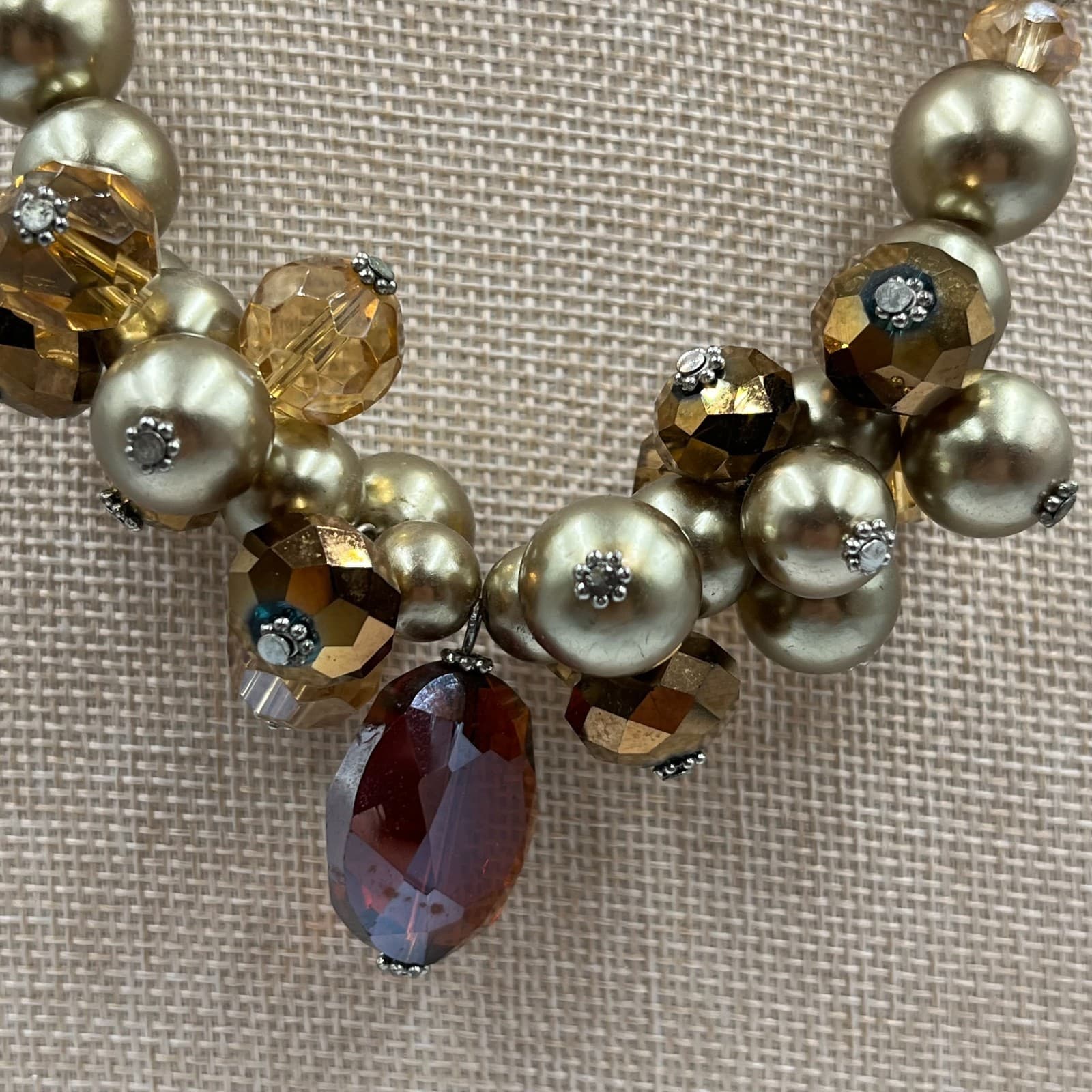 Vintage Faux Pearl & Crystal Statement Necklace Silver Tone Cluster Wedding Bib - Thumbnail 3