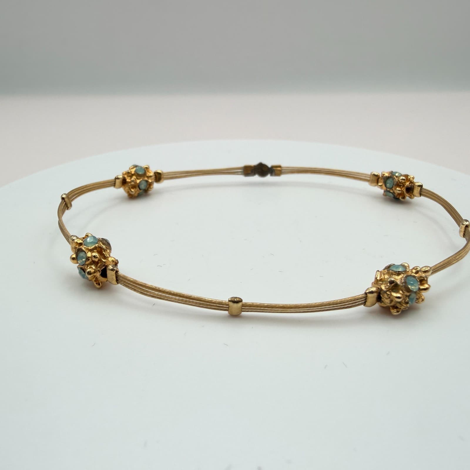 Vintage 80s Turquoise Opal Bracelet Gold Tone Flexible Wire Artisan Jewelry - Thumbnail 7