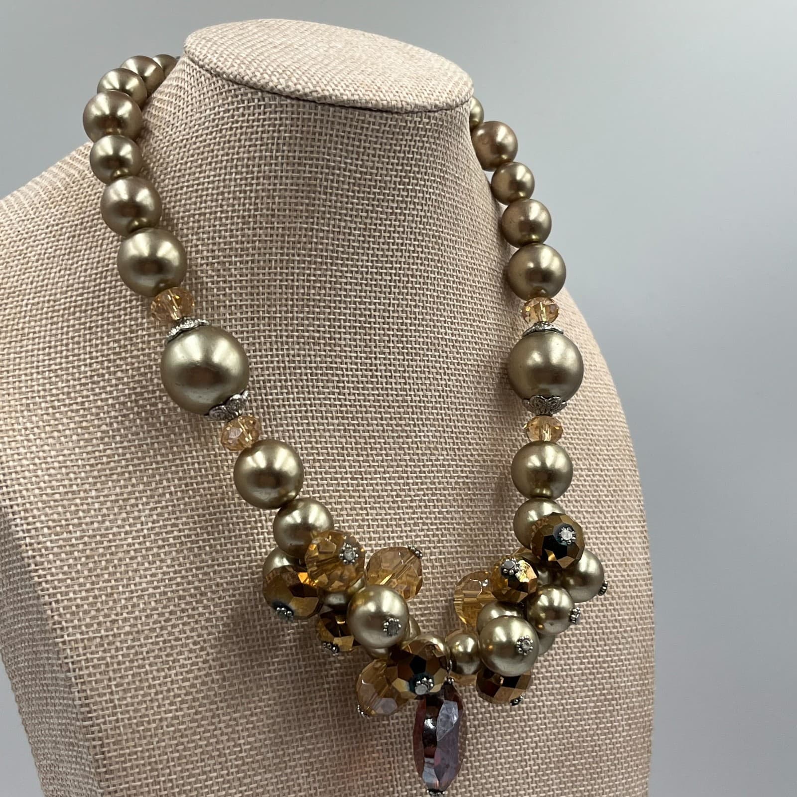 Vintage Faux Pearl & Crystal Statement Necklace Silver Tone Cluster Wedding Bib - Thumbnail 4