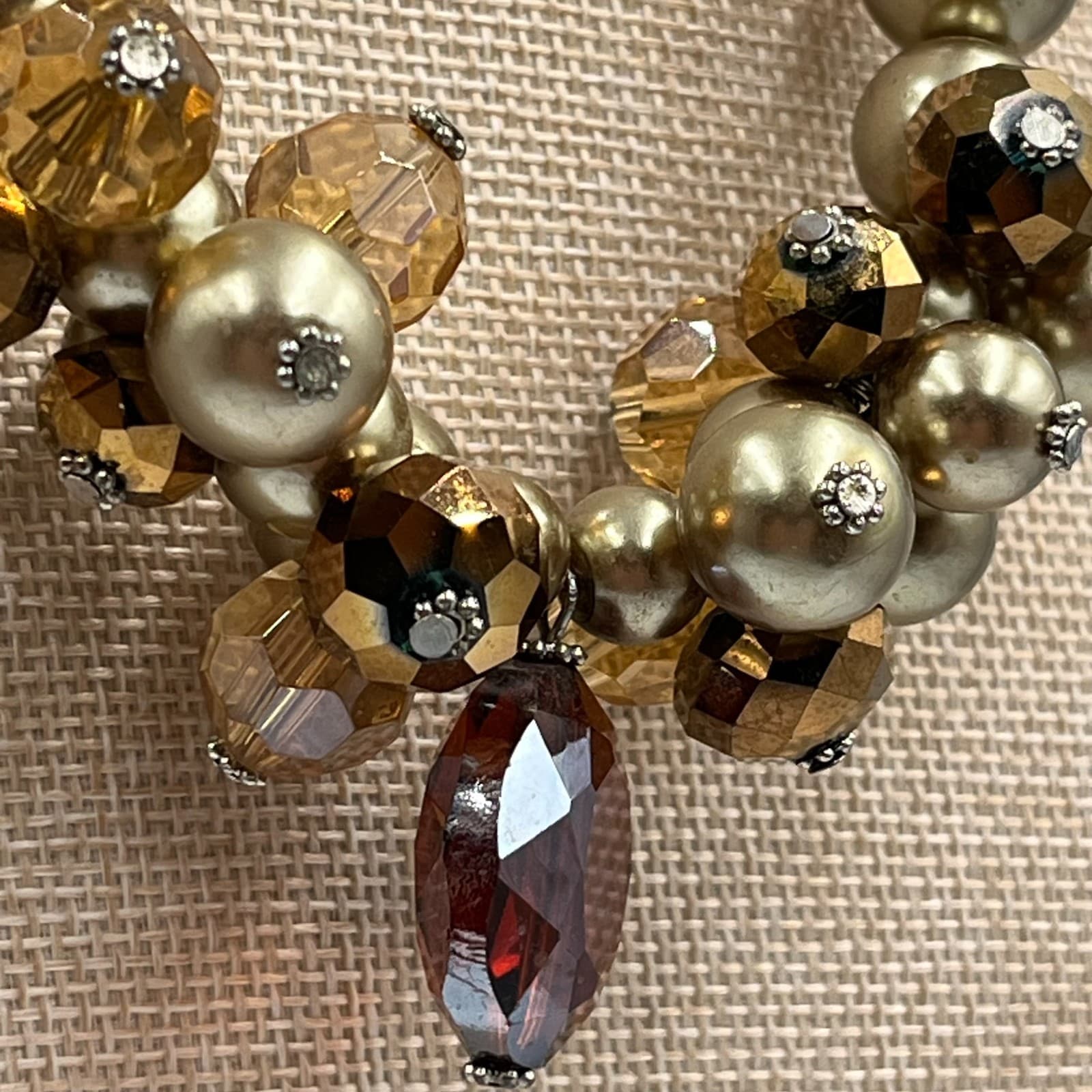 Vintage Faux Pearl & Crystal Statement Necklace Silver Tone Cluster Wedding Bib - Thumbnail 5