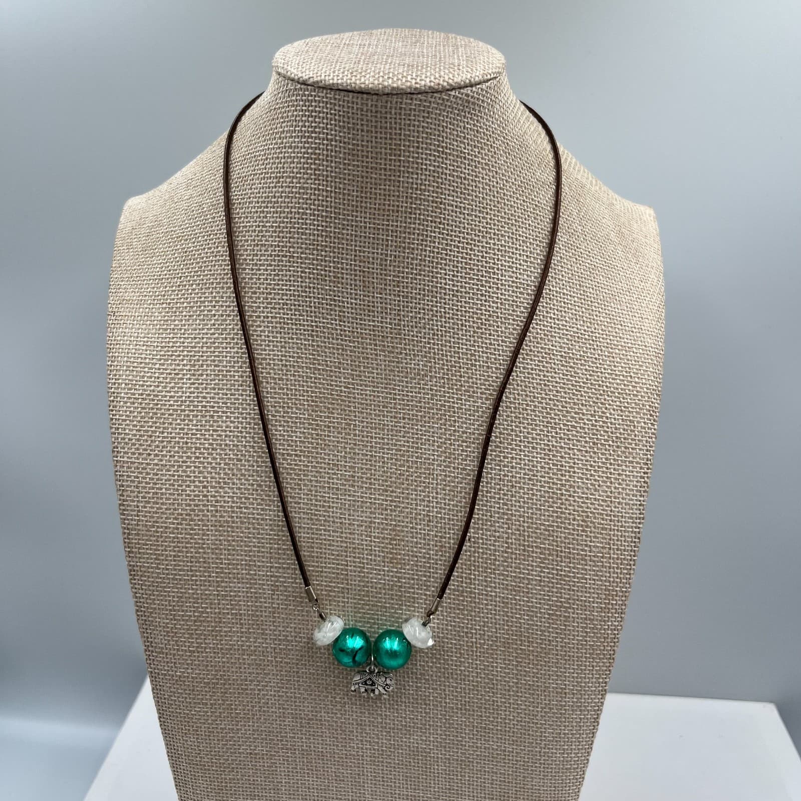 Vintage Boho Elephant Pendant Necklace Silver Tone Carved Animal Leather Cord - Image 1