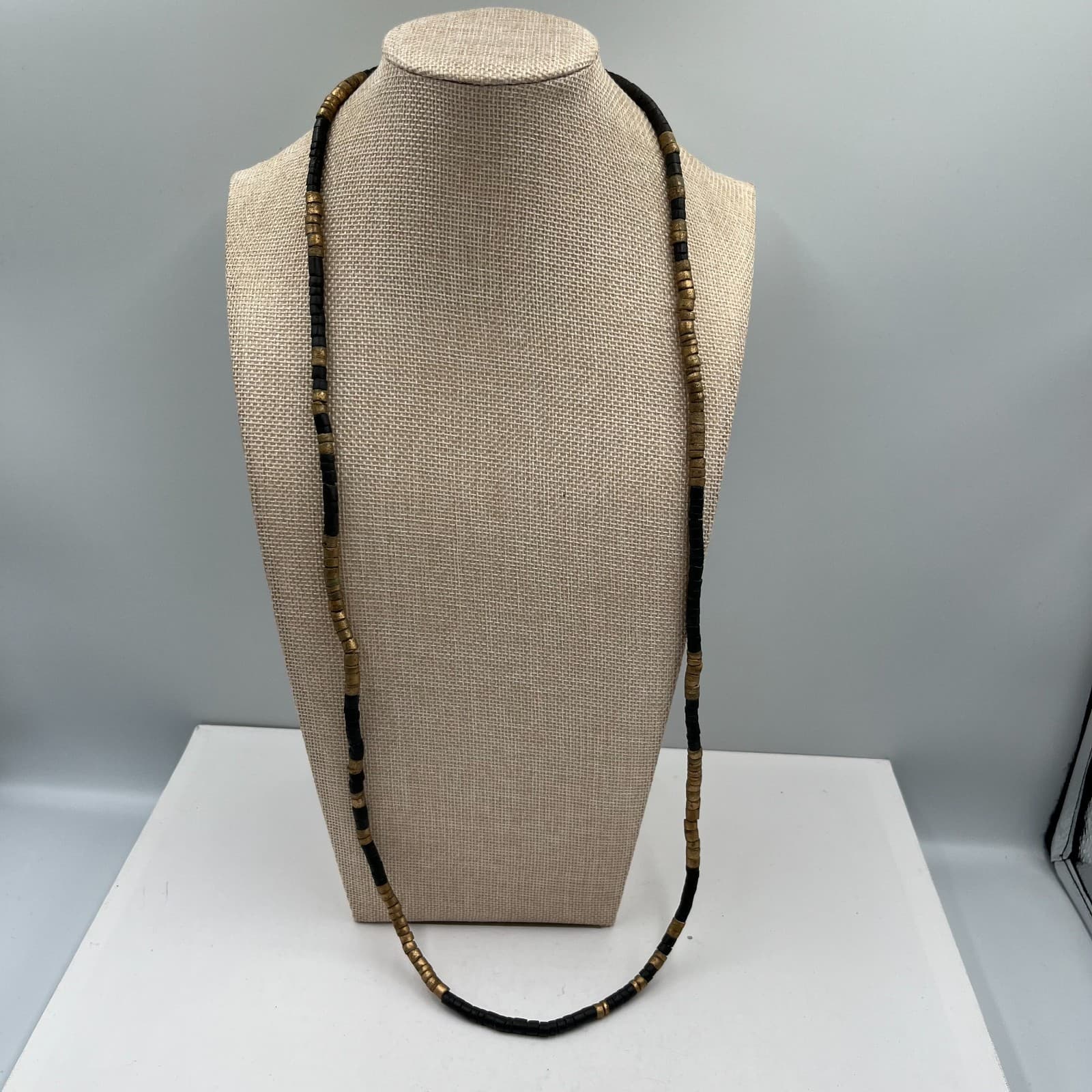 Vintage African Style Brass Black Glass Bead Necklace Ethnic Tribal Boho Jewelry - Image 1