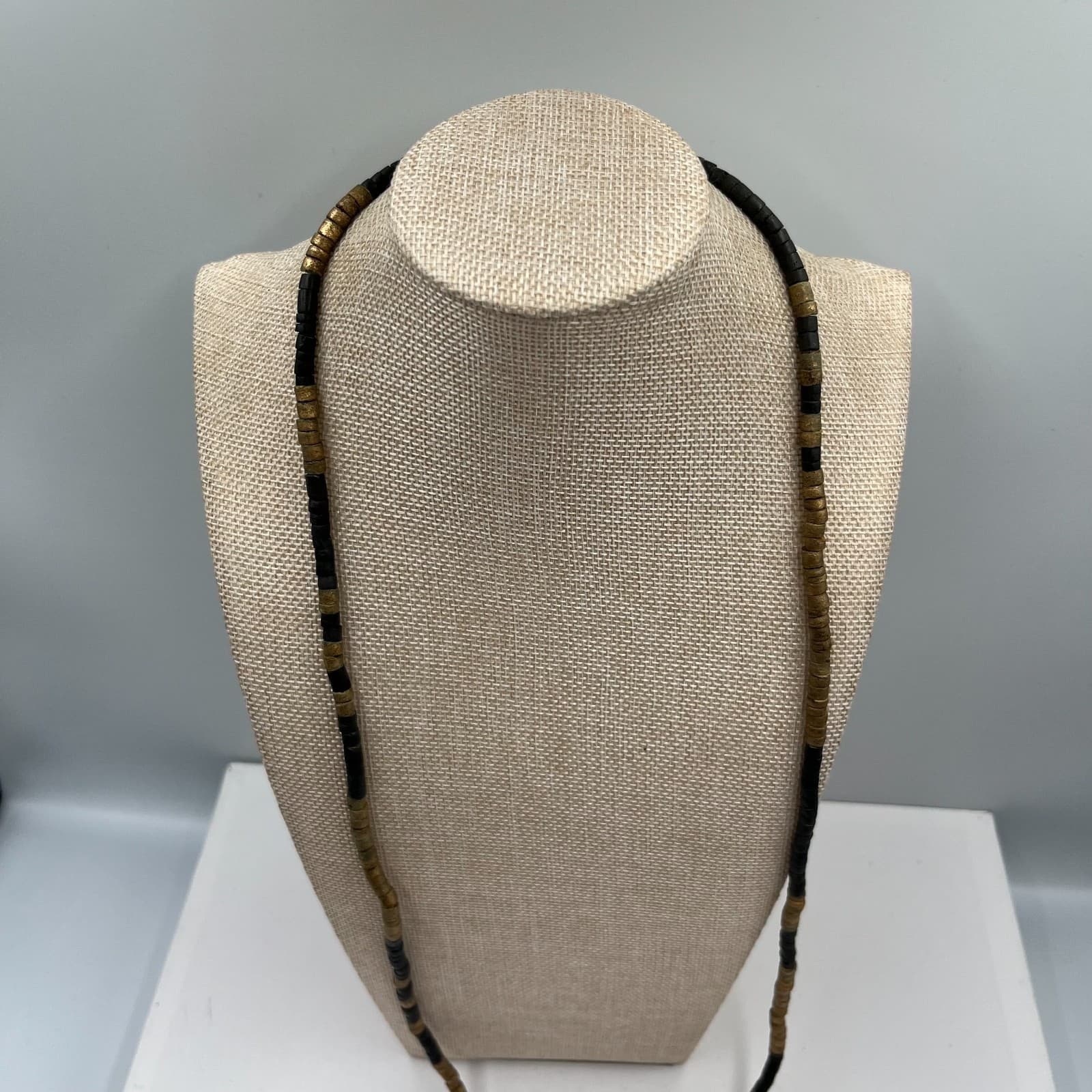 Vintage African Style Brass Black Glass Bead Necklace Ethnic Tribal Boho Jewelry - Thumbnail 2