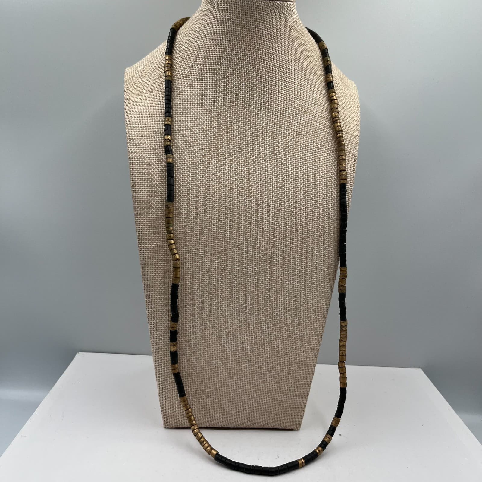 Vintage African Style Brass Black Glass Bead Necklace Ethnic Tribal Boho Jewelry - Thumbnail 4