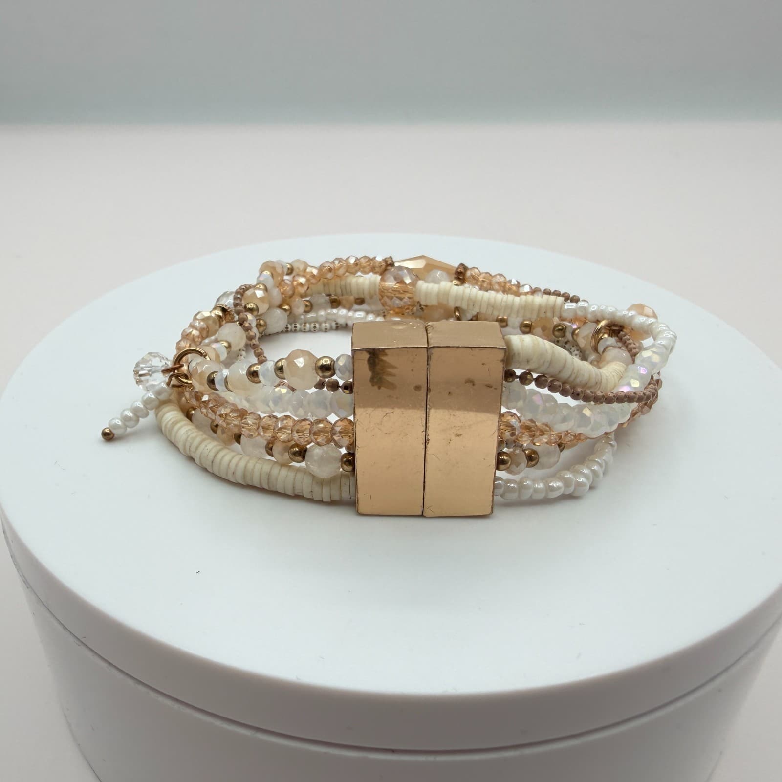 Vintage 80s Quartz & Mixed Beaded Stranded Bracelet Gold Magnetic Clasp Jewelry - Thumbnail 8