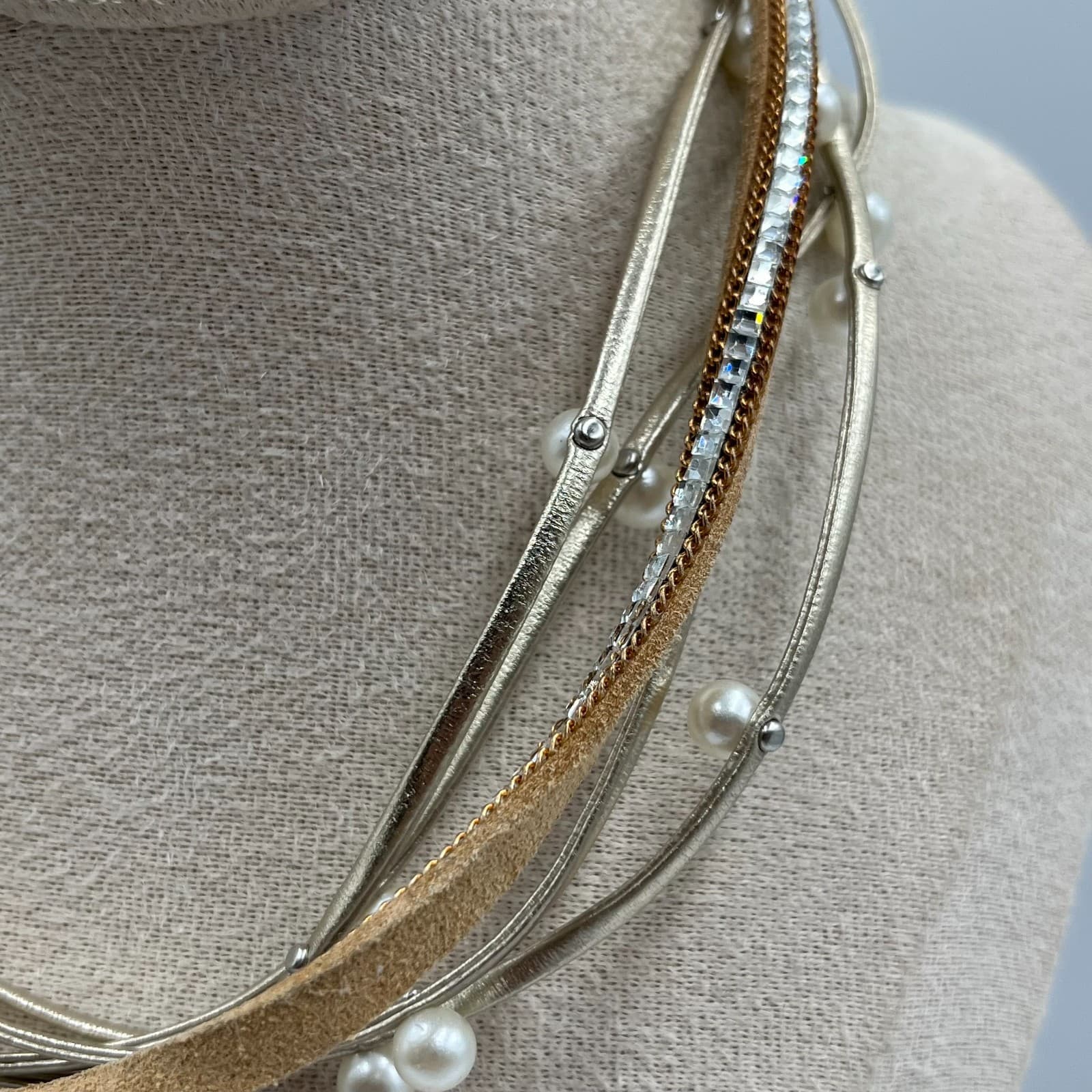 Vintage Multi-Strand Pearl Crystal Choker Necklace Magnetic Clasp Statement Boho - Thumbnail 4