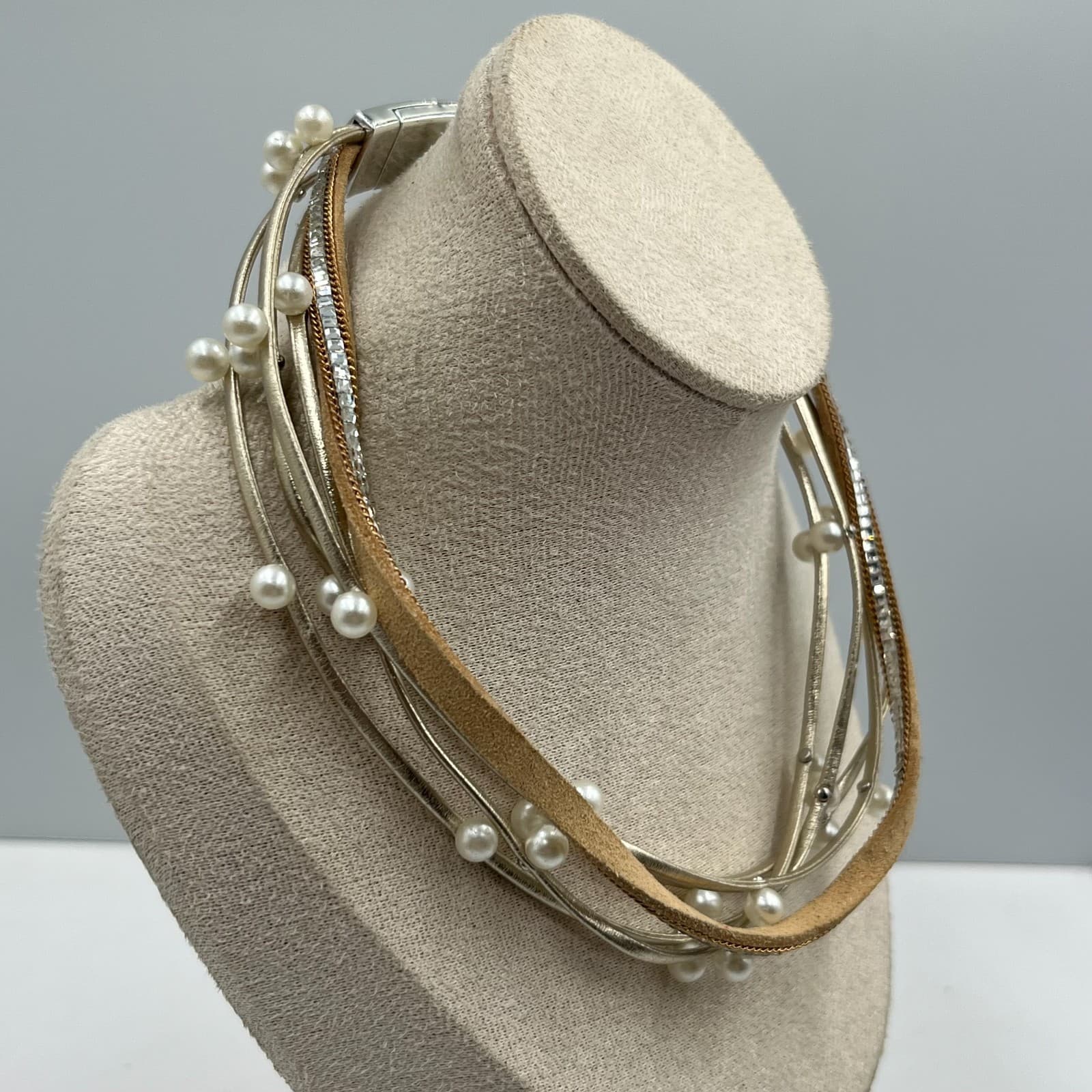 Vintage Multi-Strand Pearl Crystal Choker Necklace Magnetic Clasp Statement Boho - Thumbnail 5