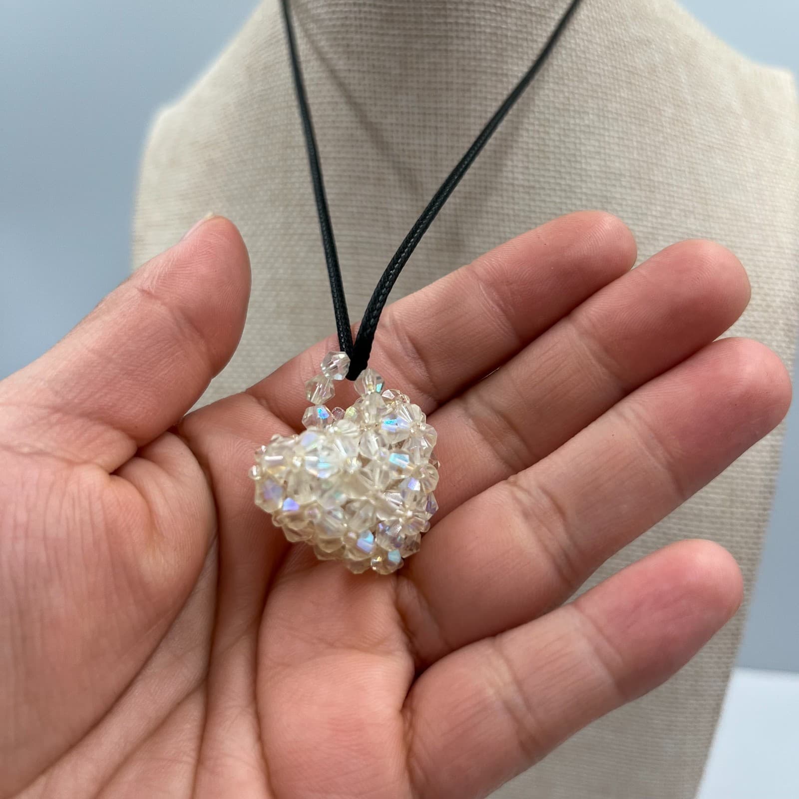 Vintage Crystal Heart Pendant Necklace Signed Silver Tone 18" Chain - Thumbnail 4