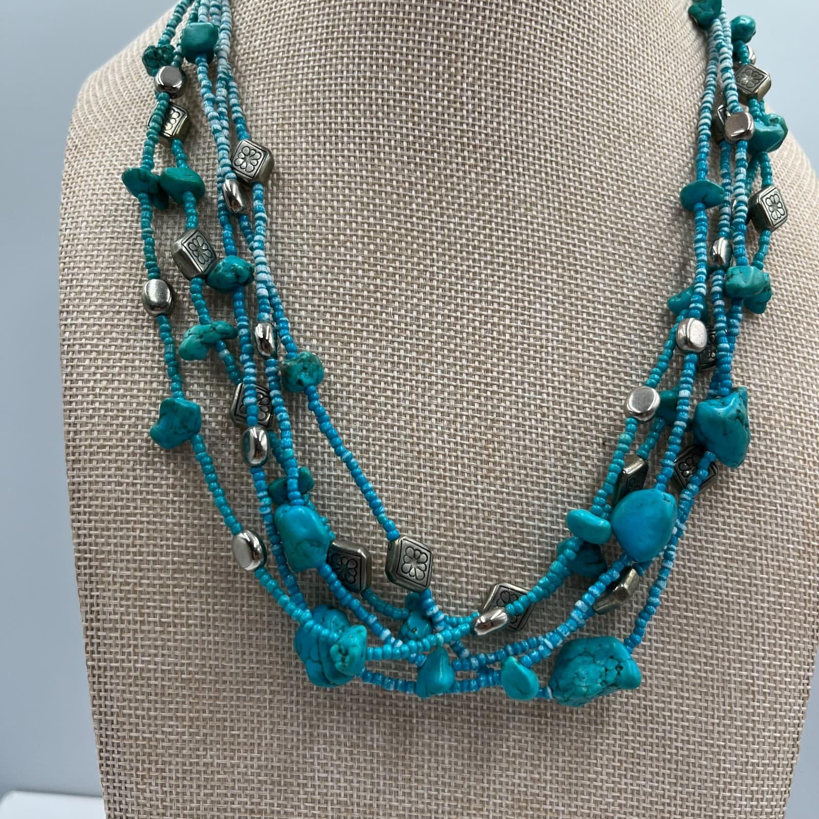 Vintage Turquoise Nugget Multi Strand Necklace Silver Tone Flower Beads Boho - Thumbnail 3