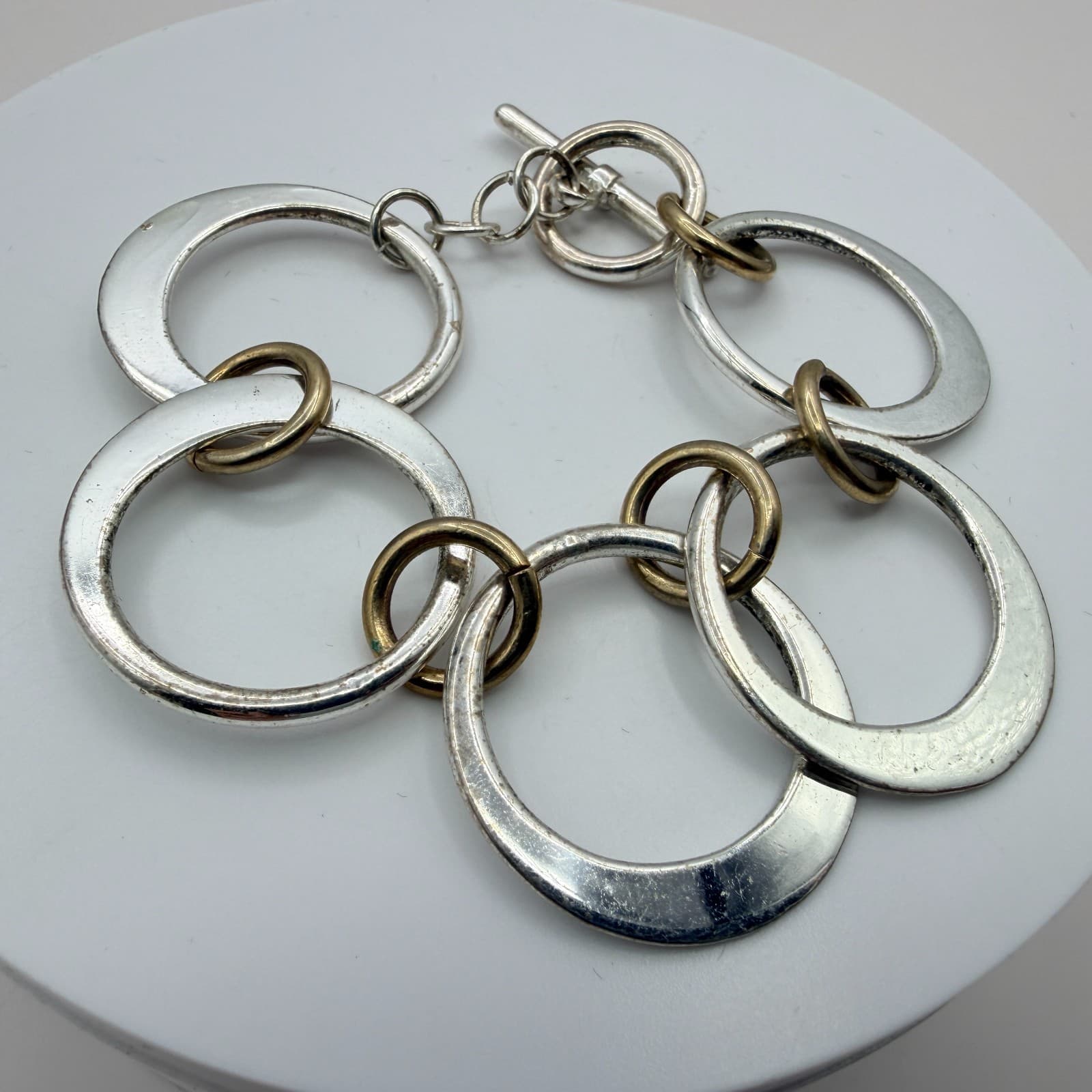 Vintage 80s Silver Tone Chunky Circle Link Bracelet Toggle Clasp Classic Jewelry - Thumbnail 4