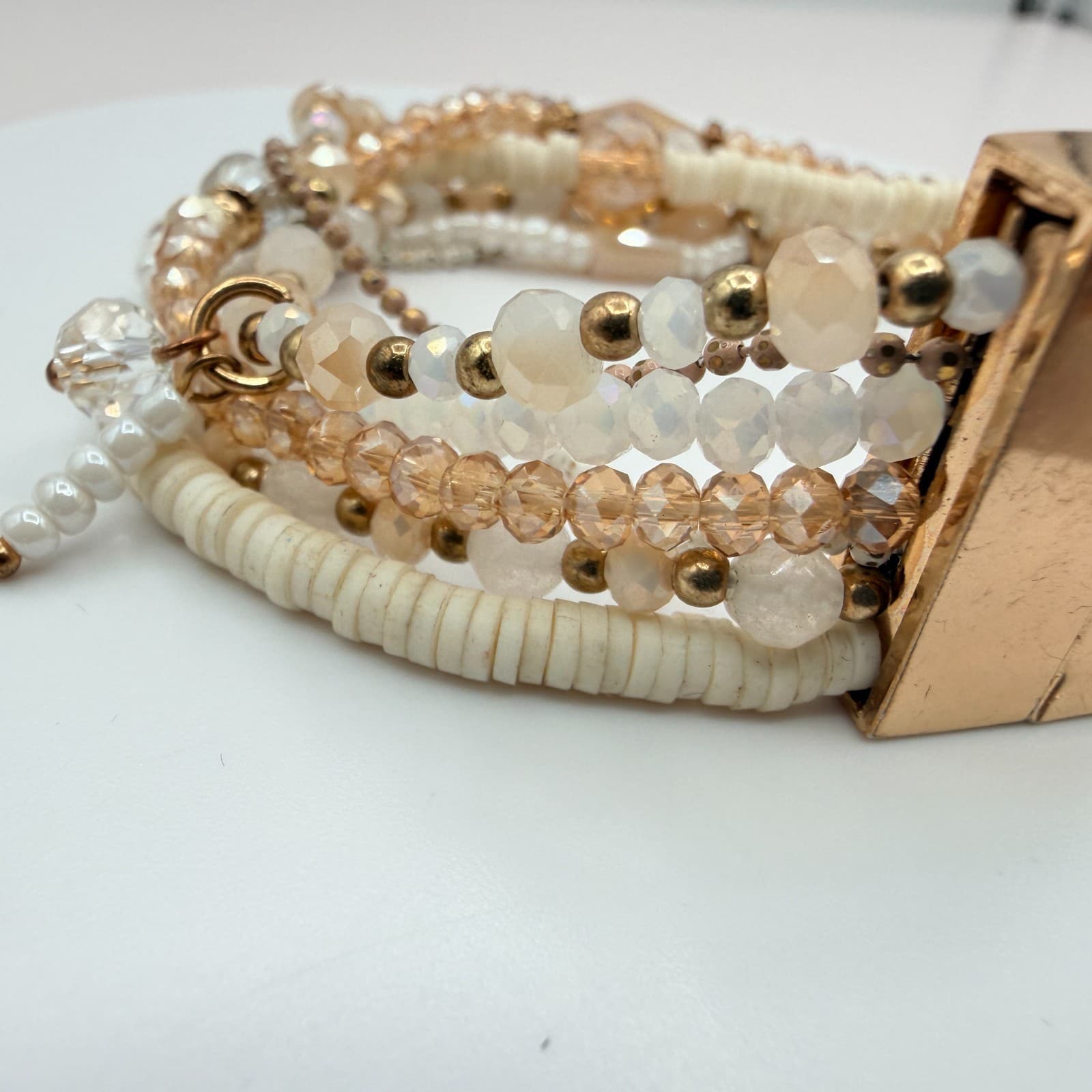 Vintage 80s Quartz & Mixed Beaded Stranded Bracelet Gold Magnetic Clasp Jewelry - Thumbnail 4