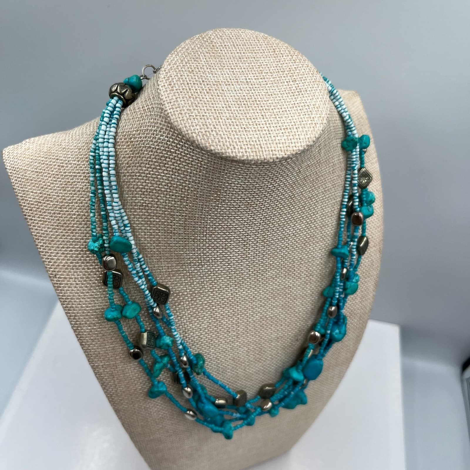 Vintage Turquoise Nugget Multi Strand Necklace Silver Tone Flower Beads Boho - Thumbnail 5