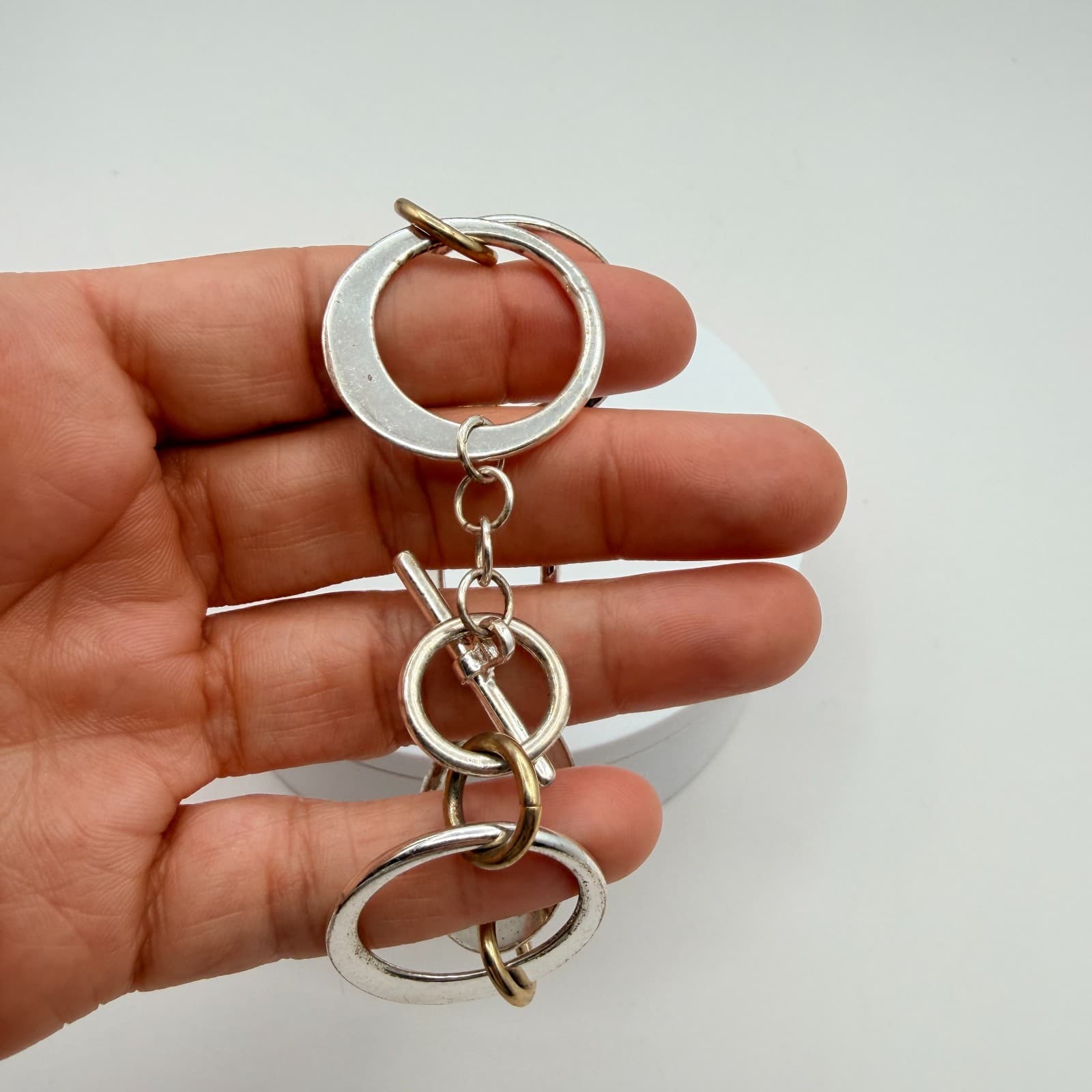 Vintage 80s Silver Tone Chunky Circle Link Bracelet Toggle Clasp Classic Jewelry - Thumbnail 7